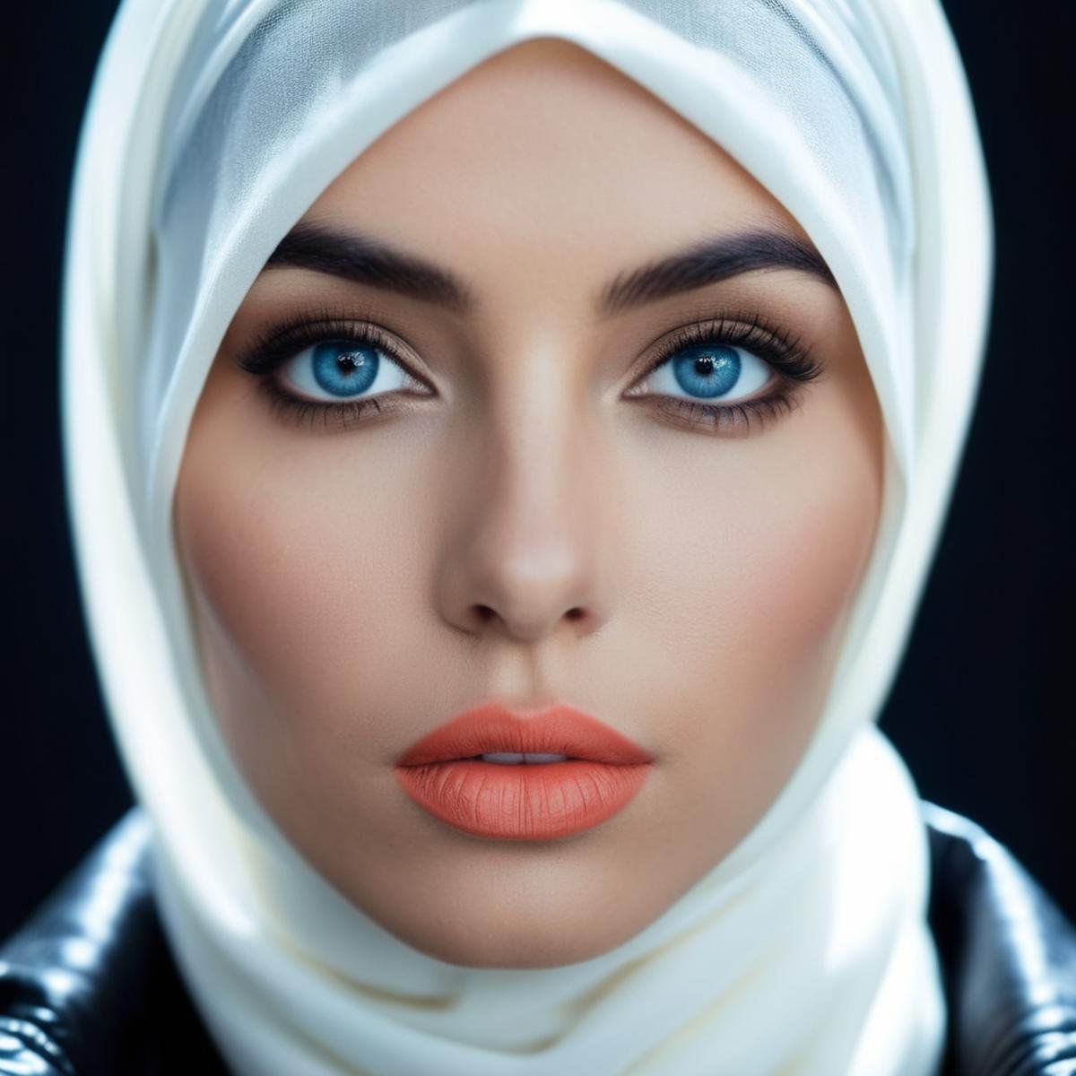 cinematic film still of  <lora:hijab:1>a very beautiful blue eyes white woman with coral lips wearing a black hijab and a leather jacket Hijab style, shallow depth of field, vignette, highly detailed, high budget, bokeh, cinemascope, moody, epic, gorgeous, film grain, grainy