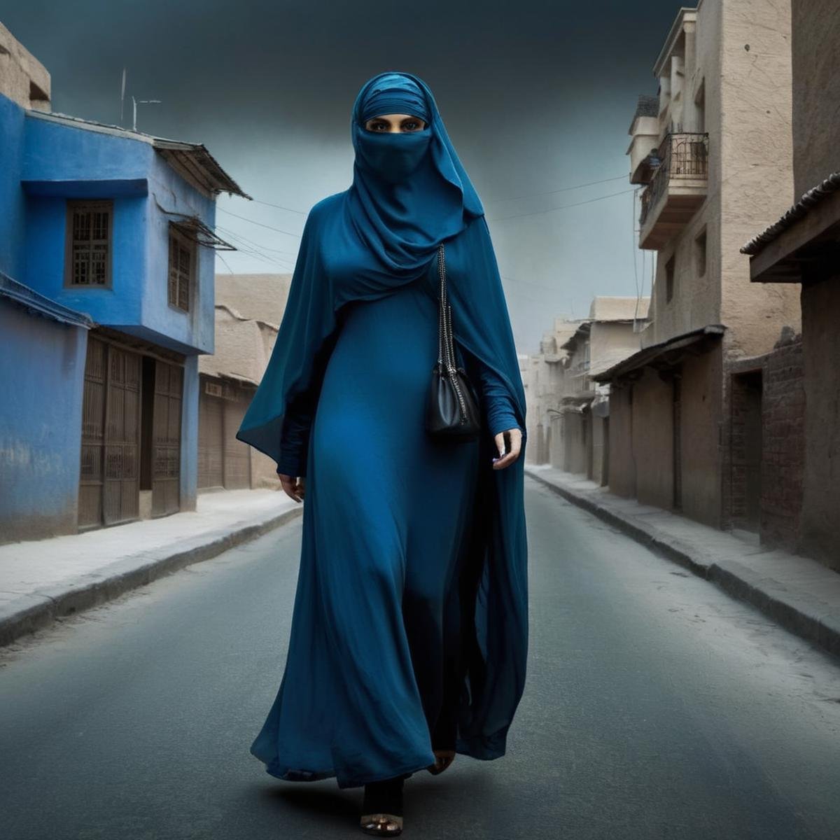 Dark Fantasy Art of  <lora:burqa:1>a woman in a blue burqa walking down a street burqa style, dark, moody, dark fantasy style