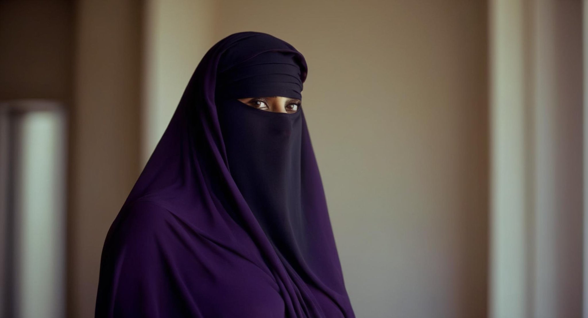 cinematic film still of  <lora:burqa:1>a naked woman in a black burqa and purple panties burqa style, shallow depth of field, vignette, highly detailed, high budget, bokeh, cinemascope, moody, epic, gorgeous, film grain, grainy