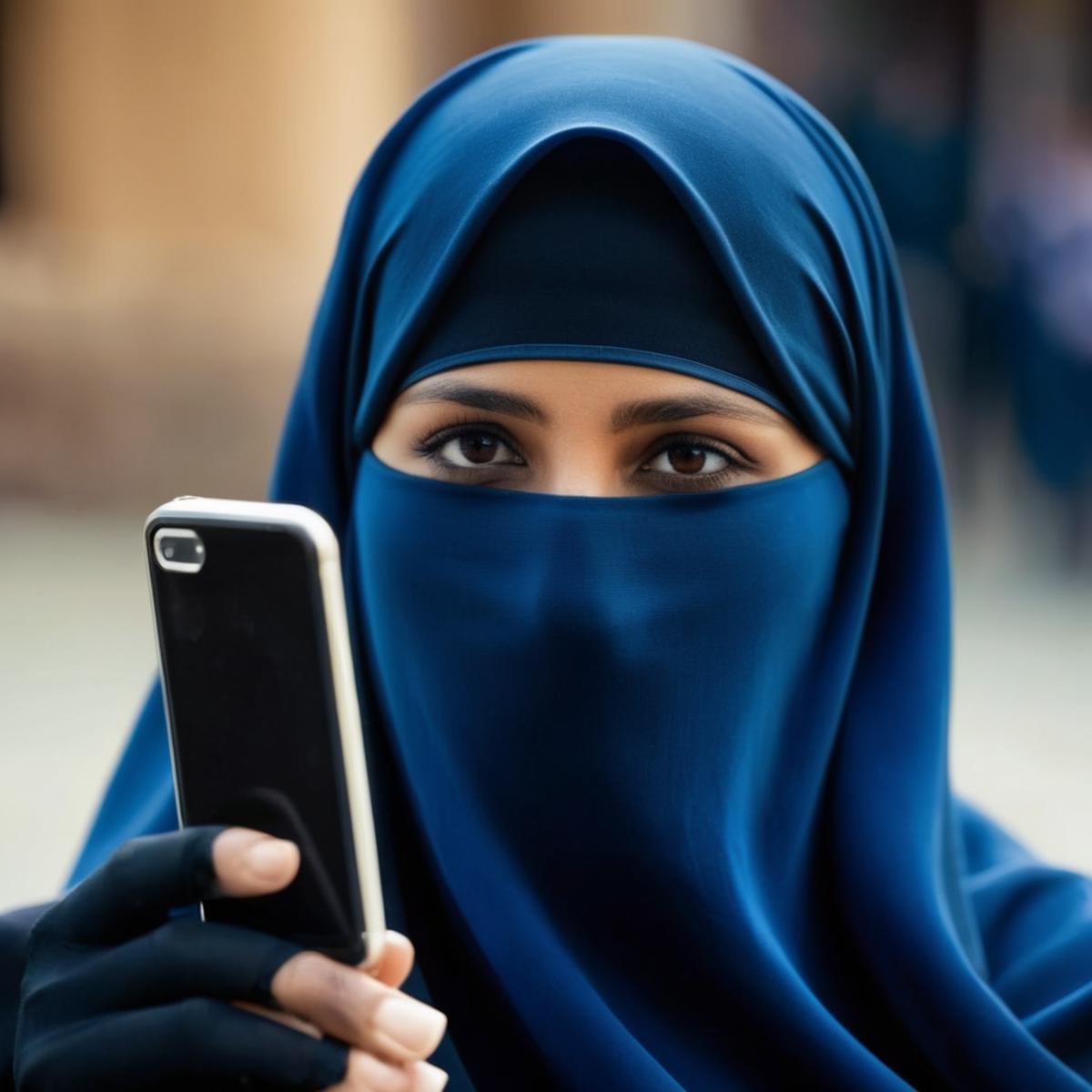 cinematic film still of  <lora:burqa:1>a woman in a black and blue niqāb is holding a cell phone burqa style, shallow depth of field, vignette, highly detailed, high budget, bokeh, cinemascope, moody, epic, gorgeous, film grain, grainy