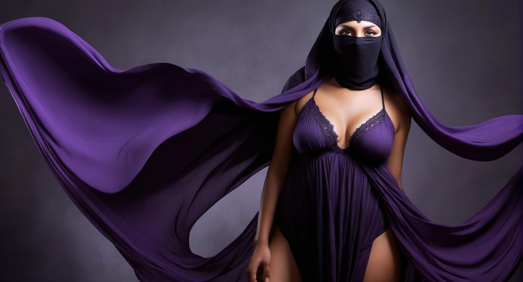 Dark Fantasy Art of  <lora:burqa:1>a naked woman in a black burqa and purple panties burqa style, dark, moody, dark fantasy style