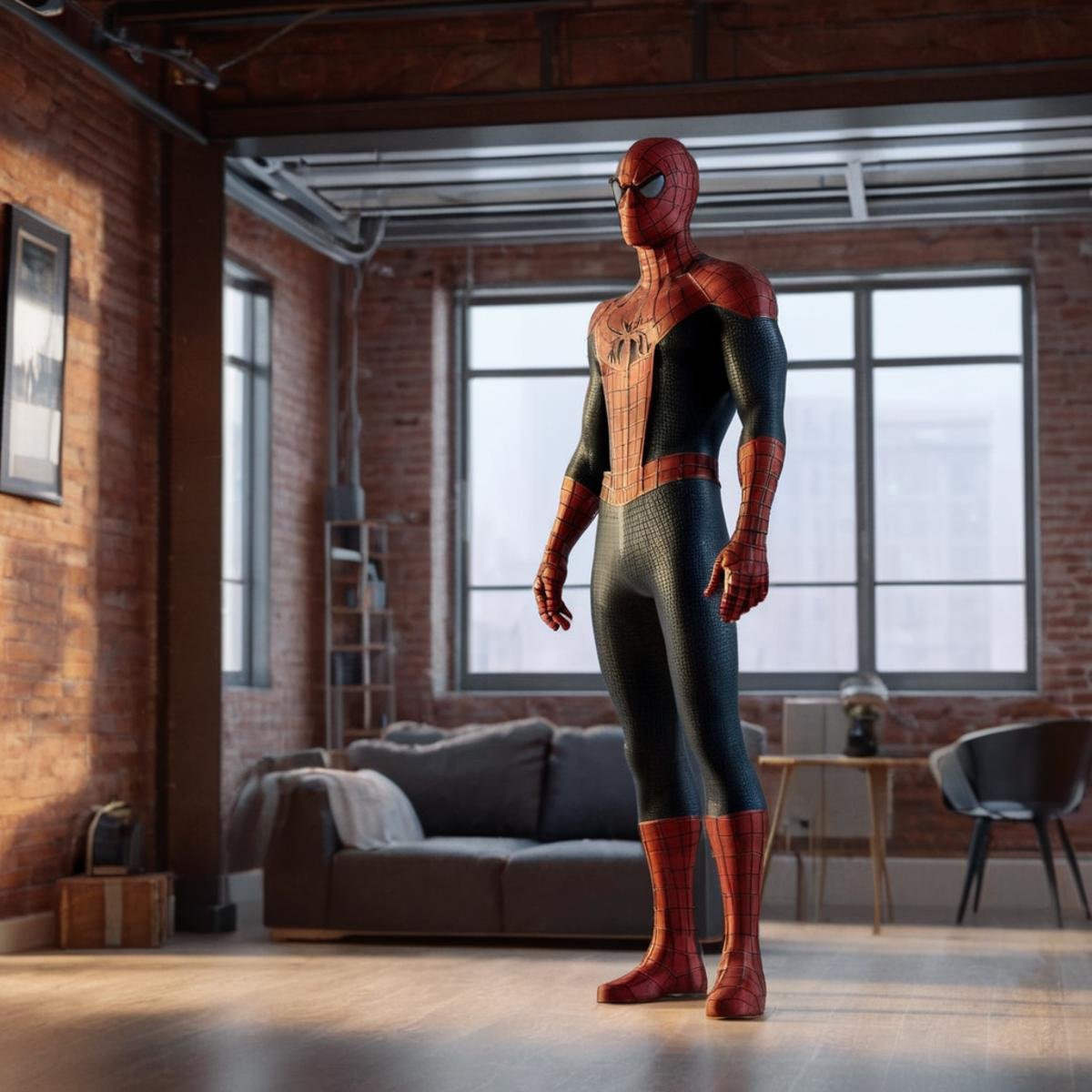 professional 3d model of  <lora:Spider-Man:1.2>Spider-Man a man in glasses standing in a room, octane render, highly detailed, volumetric, dramatic lighting