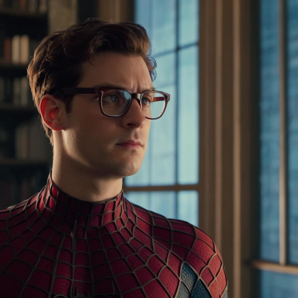 UHD, 4k, ultra detailed, cinematic, a photograph of  <lora:Spider-Man:1.2>Spider-Man a man in glasses standing in a room, epic, beautiful lighting, inpsiring