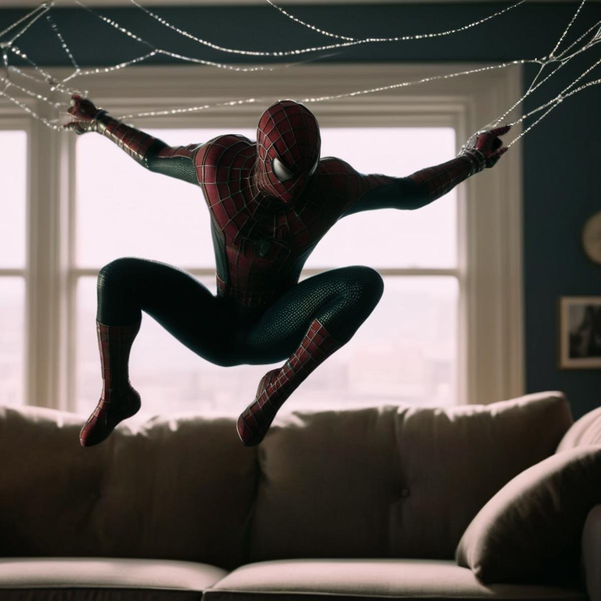 cinematic film still of  <lora:Spider-Man:1.2>Spider-Man a spider man is posed web-swinging on a couch, shallow depth of field, vignette, highly detailed, high budget, bokeh, cinemascope, moody, epic, gorgeous, film grain, grainy