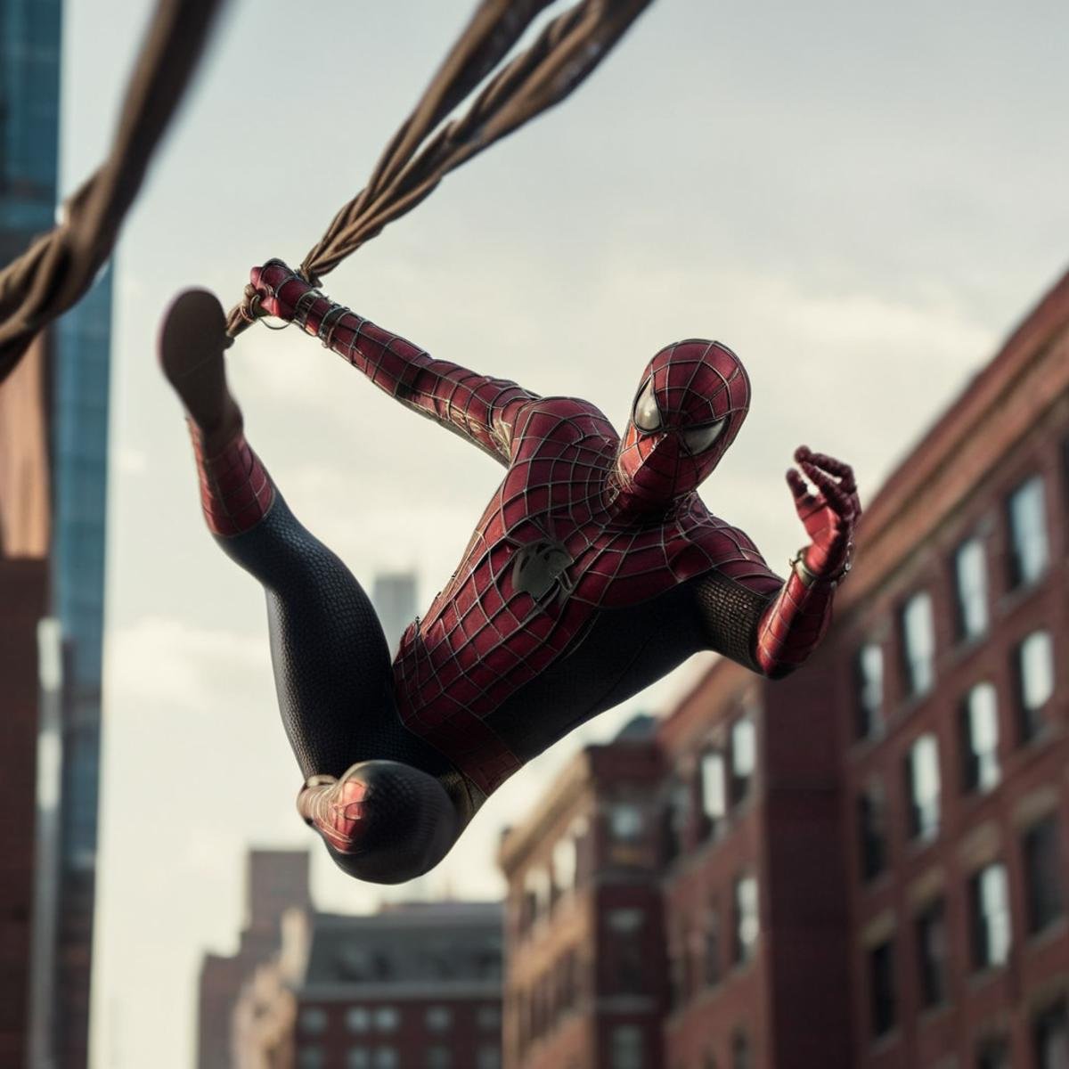 cinematic film still of  <lora:Spider-Man:1.2>Spider-Man a spider - man is web-swinging through the air, shallow depth of field, vignette, highly detailed, high budget, bokeh, cinemascope, moody, epic, gorgeous, film grain, grainy