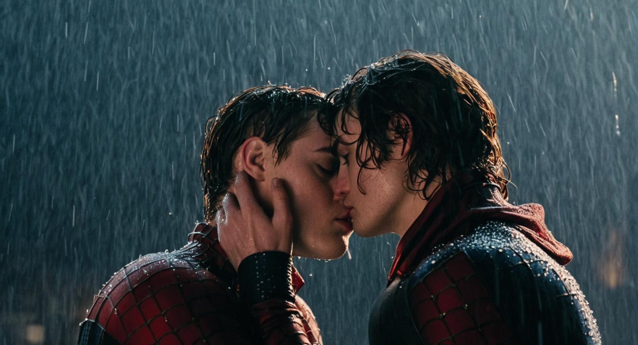 cinematic film still of  <lora:Spider-Man:1.2>Spider-Man a woman kissing an upside down spider-man in the rain, shallow depth of field, vignette, highly detailed, high budget, bokeh, cinemascope, moody, epic, gorgeous, film grain, grainy