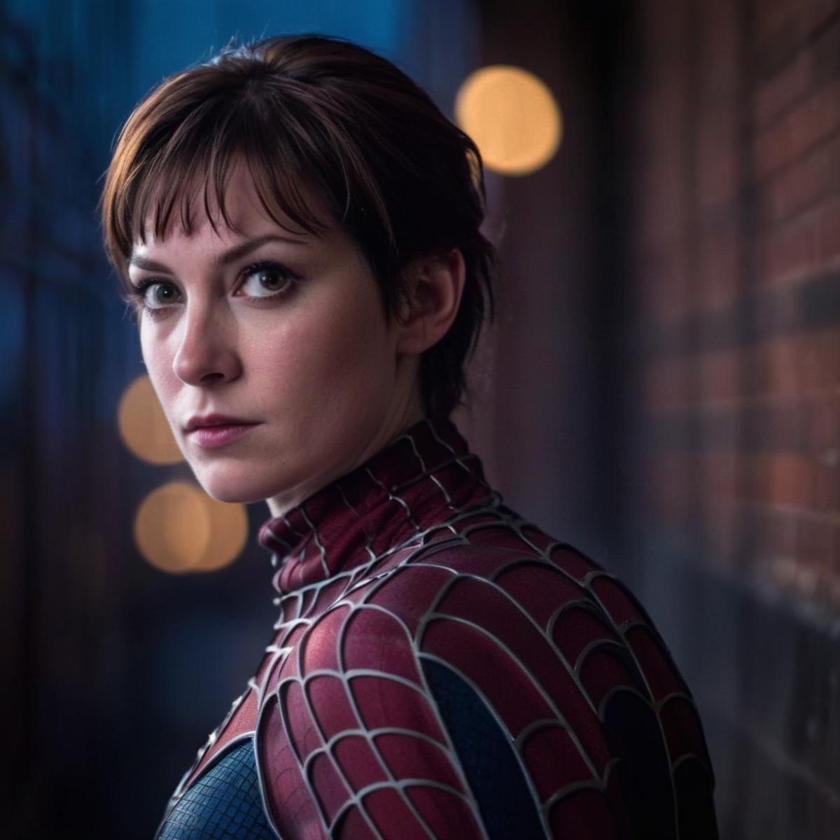 cinematic film still of  <lora:Spider-Man:1.2>Spider-Man a woman dressed in a spider - man costume, shallow depth of field, vignette, highly detailed, high budget, bokeh, cinemascope, moody, epic, gorgeous, film grain, grainy