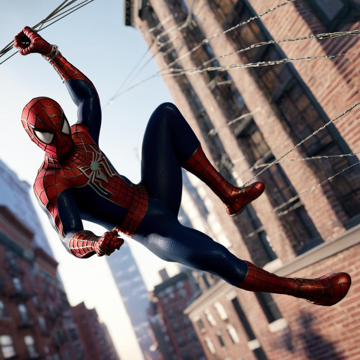 professional 3d model of  <lora:Spider-Man:1>Spider-Man a spider man is web swinging over a city, octane render, highly detailed, volumetric, dramatic lighting