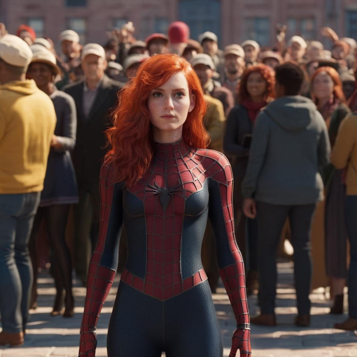 professional 3d model of  <lora:Spider-Man:1.2>Spider-Man a woman with red hair and a hat is standing in front of a crowd, octane render, highly detailed, volumetric, dramatic lighting