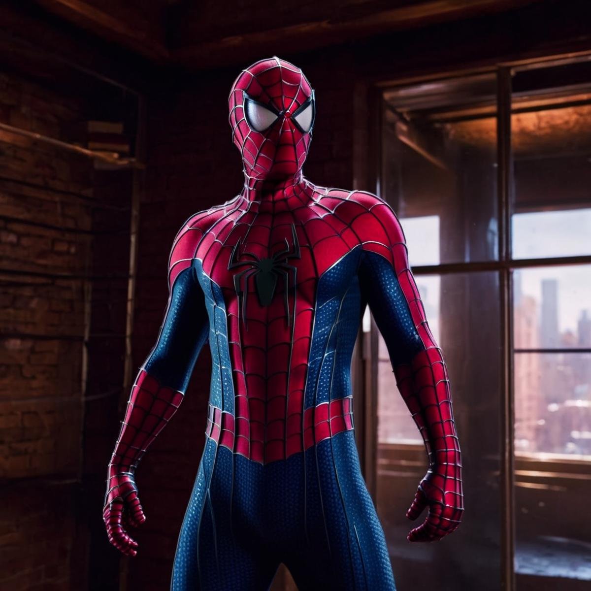 UHD, 4k, ultra detailed, cinematic, a photograph of  <lora:Spider-Man:1.2>Spider-Man a man in a spider - man suit standing in a room, epic, beautiful lighting, inpsiring