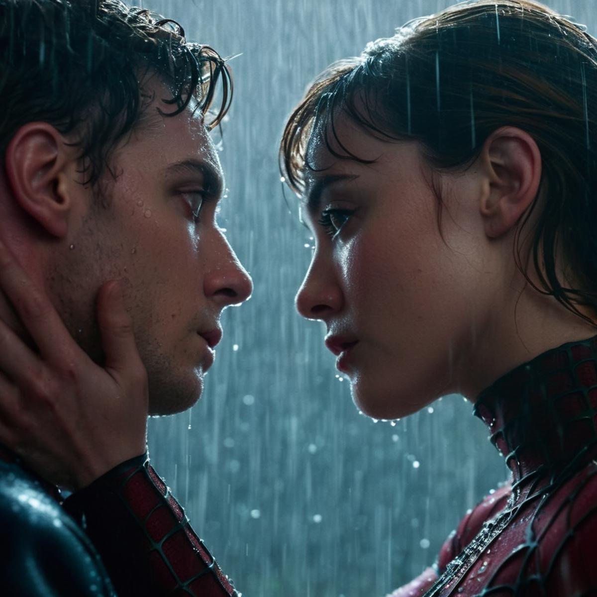 cinematic film still of  <lora:Spider-Man:1.2>Spider-Man a woman kissing an upside down spider-man in the rain, shallow depth of field, vignette, highly detailed, high budget, bokeh, cinemascope, moody, epic, gorgeous, film grain, grainy