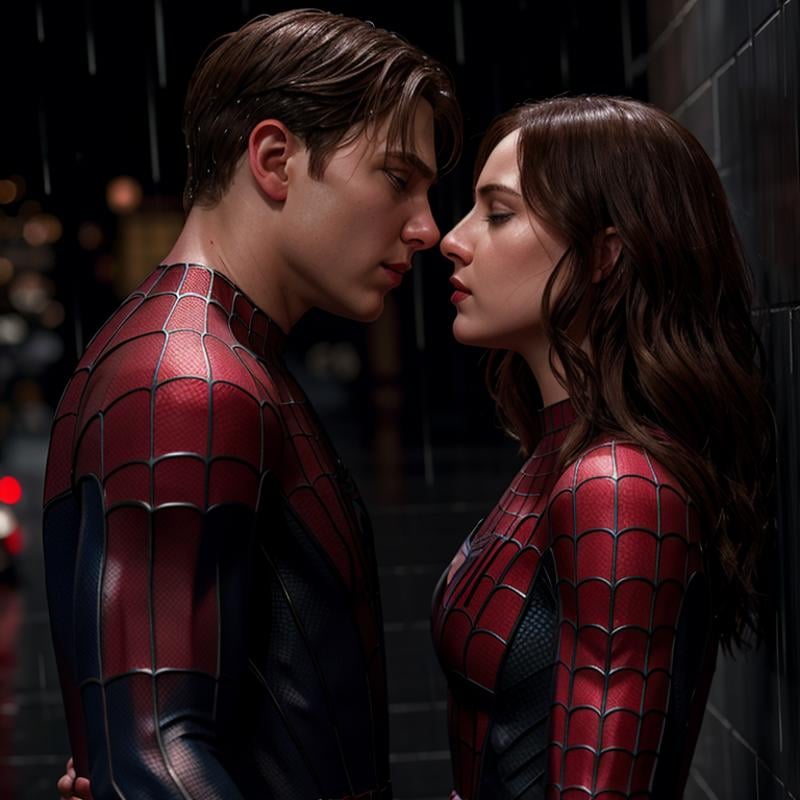 Hyperrealistic art of  <lora:Spiderman SD1.5:1.2>Spider-Man a woman kissing a statue in the rain, Extremely high-resolution details, photographic, realism pushed to extreme, fine texture, incredibly lifelike