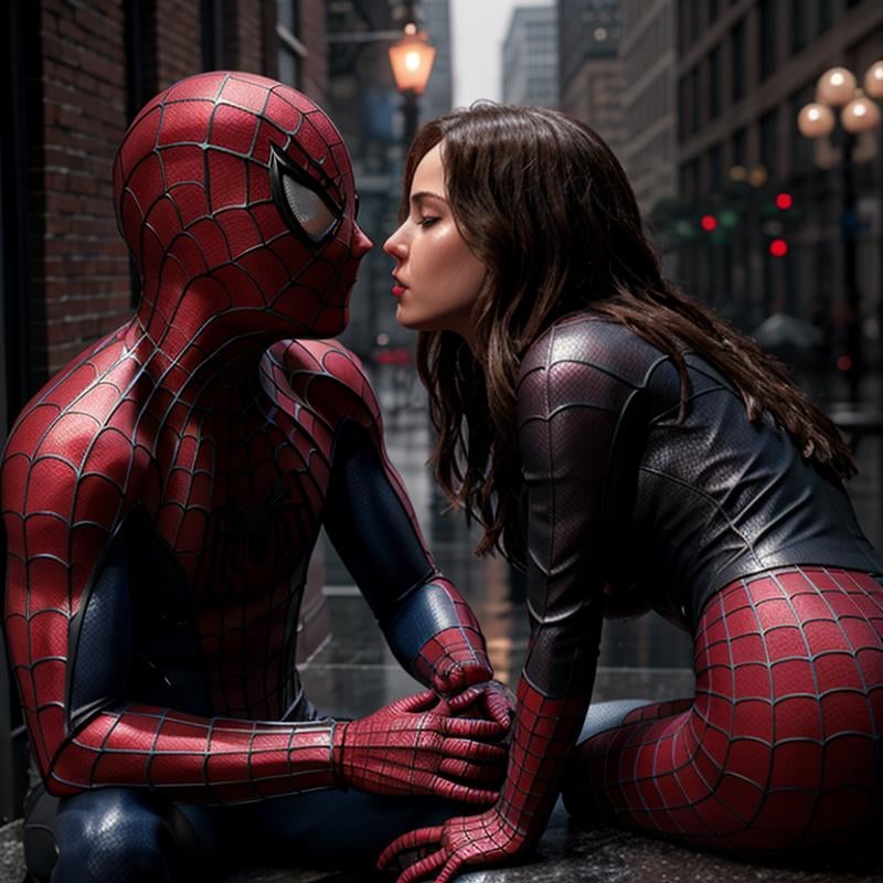 Hyperrealistic art of  <lora:Spiderman SD1.5:1.2>Spider-Man a woman kissing a statue in the rain, Extremely high-resolution details, photographic, realism pushed to extreme, fine texture, incredibly lifelike