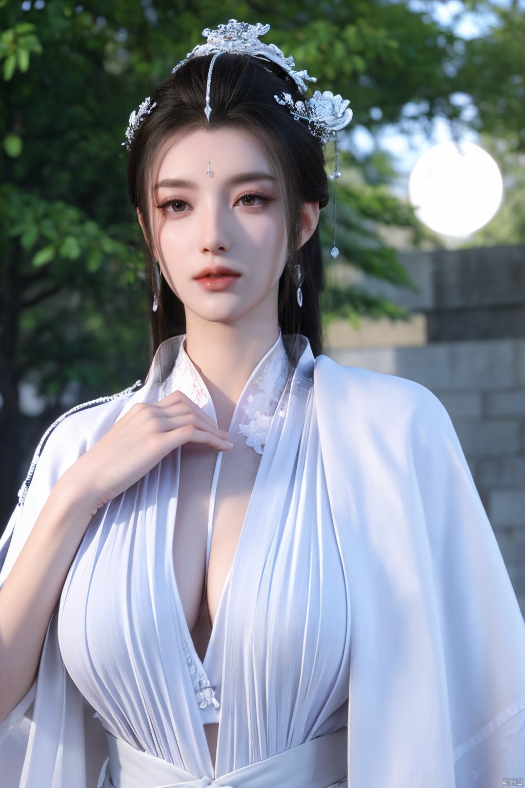 Best quality,masterpiece,Surrealist beauty photo, hanfu,(big breasts:1.39), Yunxiao_Fairy,1girl,Xhulianxin,full moon,Xyueyao