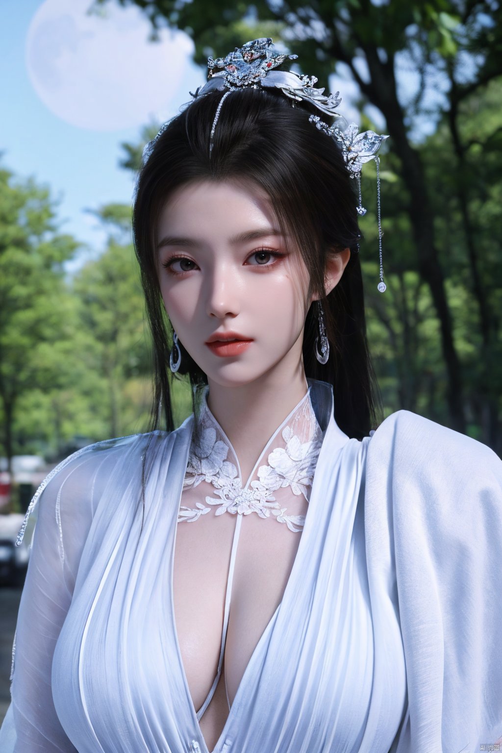 Best quality,masterpiece,Surrealist beauty photo, hanfu,(big breasts:1.39), Yunxiao_Fairy,1girl,Xhulianxin,full moon,Xyueyao