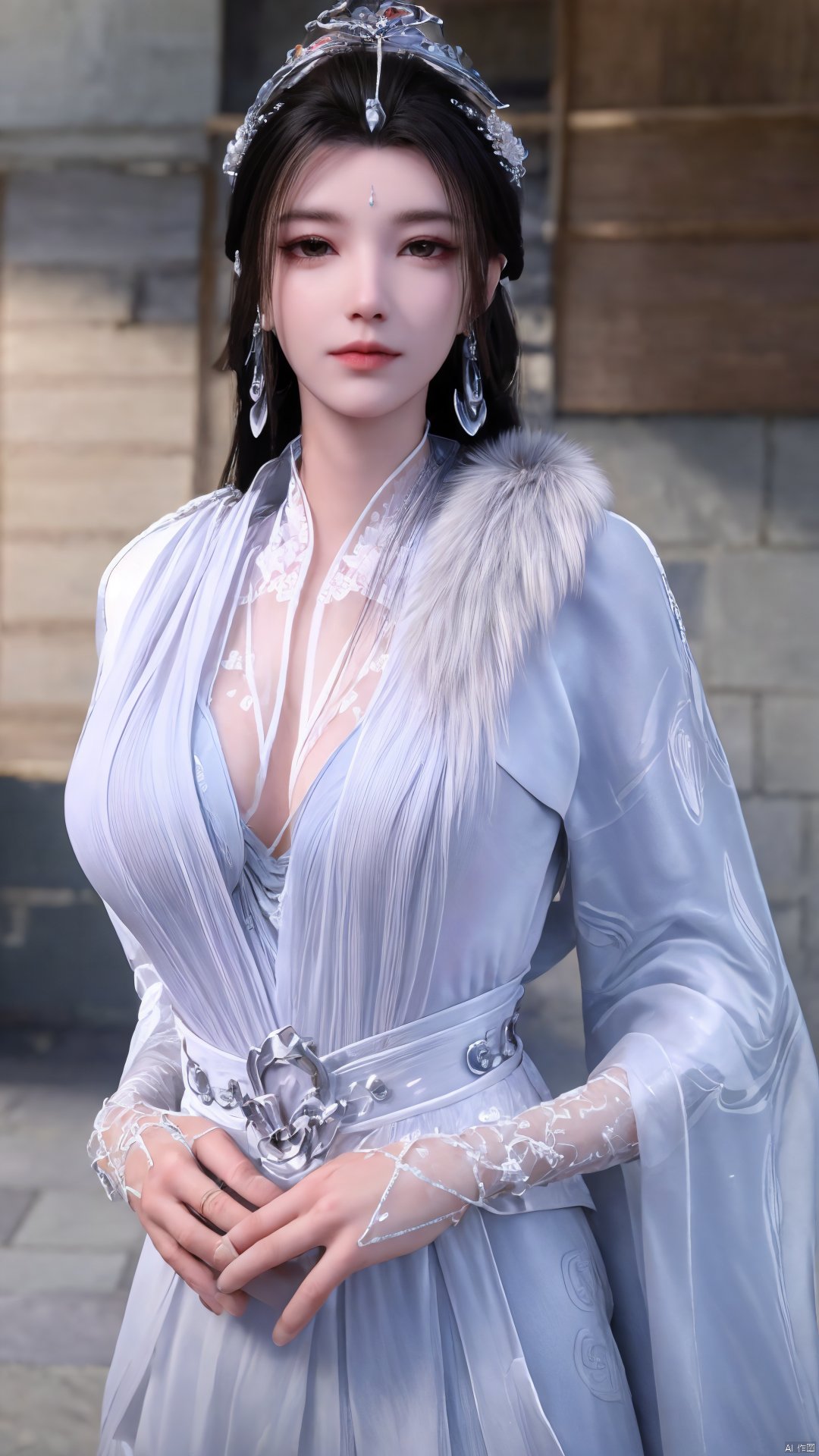 3D,masterpiece,(best quality),(makeup),official art, extremely detailed cg 8k wallpaper,((crystalstexture skin)), (extremely delicate and beautiful),(highly detailed),(1girl), (solo), (jewelry), (earrings),(black_hair),(long_hair),(hair_ornament),(handwear),(breasts),(upper_body),(multicolored_clothes),(multicolored_dress),(collar),(fur),(hanfu),(white_dress),(tiara),(earrings),(crown),(chinese_clothes),(adapted_costume),,((closed_mouth)),(bracelet),(sunshine, indoor,bed),((looking_at_viewer)),((Facing the camera)),,Xyueyao,(big breasts:1.69),