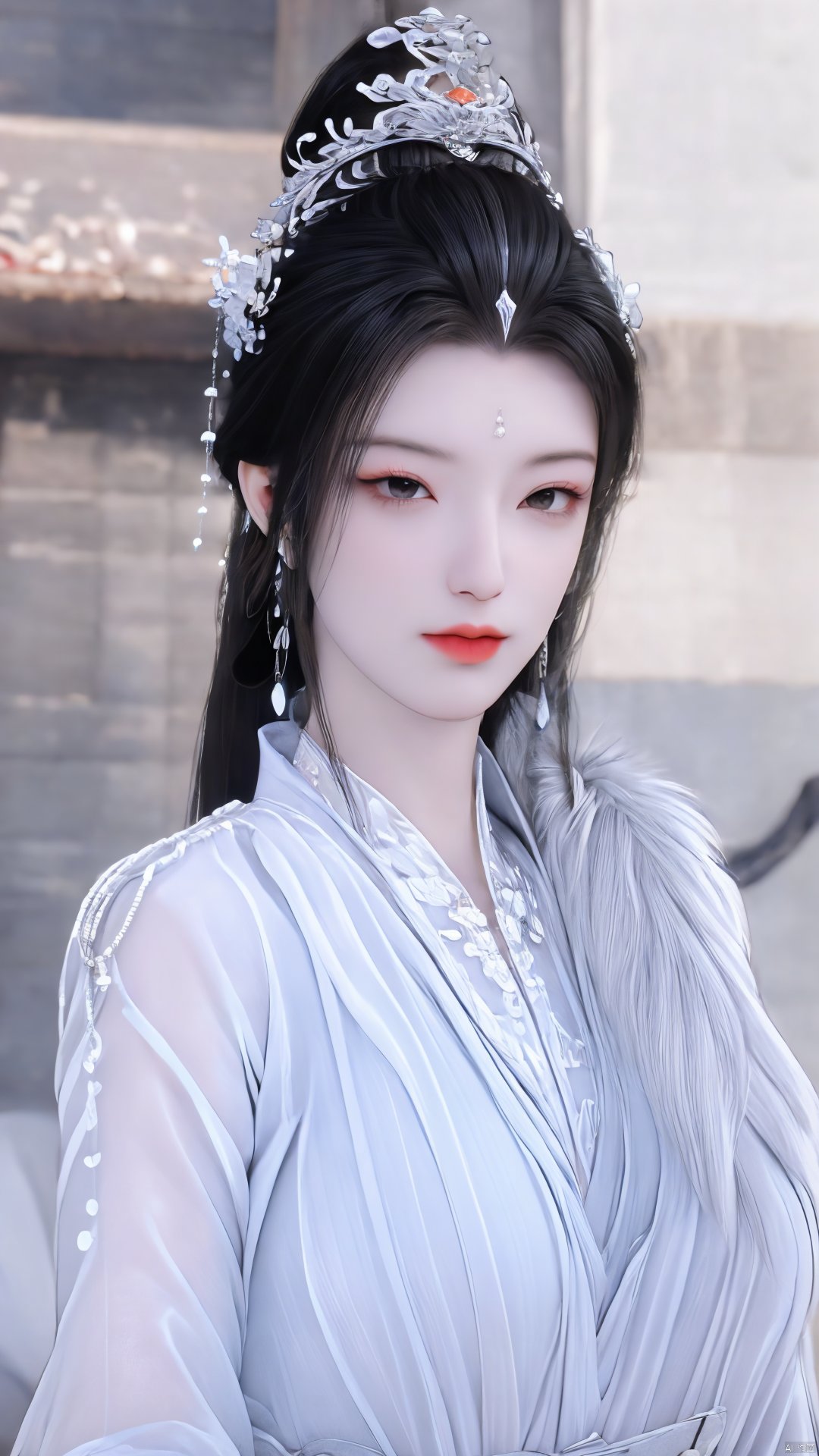 3D,masterpiece,(best quality),(makeup),official art, extremely detailed cg 8k wallpaper,((crystalstexture skin)), (extremely delicate and beautiful),(highly detailed),(1girl), (solo), (jewelry), (earrings),(black_hair),(long_hair),(hair_ornament),(handwear),(breasts),(upper_body),(multicolored_clothes),(multicolored_dress),(collar),(fur),(hanfu),(white_dress),(tiara),(earrings),(crown),(chinese_clothes),(adapted_costume),,((closed_mouth)),(bracelet),(sunshine, indoor,bed),((looking_at_viewer)),((Facing the camera)),,Xyueyao,(big breasts:1.69),