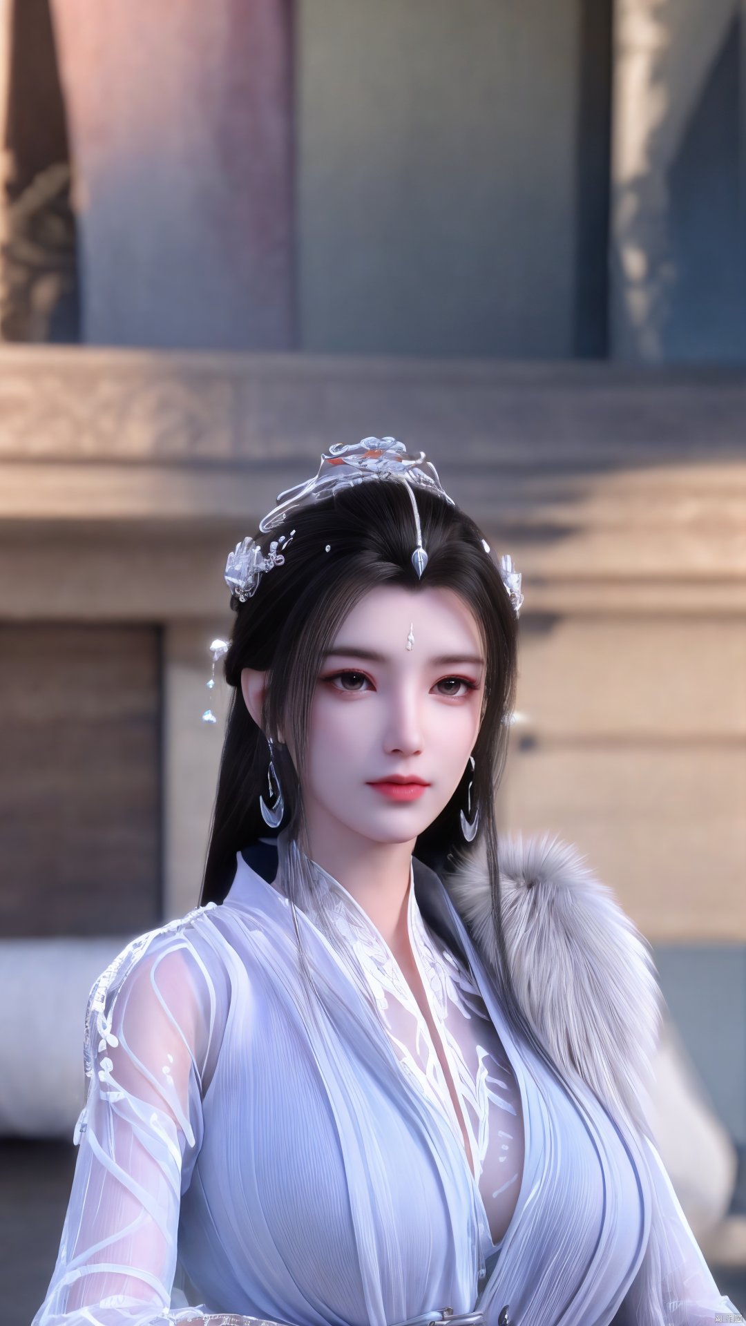 3D,masterpiece,(best quality),(makeup),official art, extremely detailed cg 8k wallpaper,((crystalstexture skin)), (extremely delicate and beautiful),(highly detailed),(1girl), (solo), (jewelry), (earrings),(black_hair),(long_hair),(hair_ornament),(handwear),(breasts),(upper_body),(multicolored_clothes),(multicolored_dress),(collar),(fur),(hanfu),(white_dress),(tiara),(earrings),(crown),(chinese_clothes),(adapted_costume),,((closed_mouth)),(bracelet),(sunshine, indoor,bed),((looking_at_viewer)),((Facing the camera)),,Xyueyao,(big breasts:1.69),