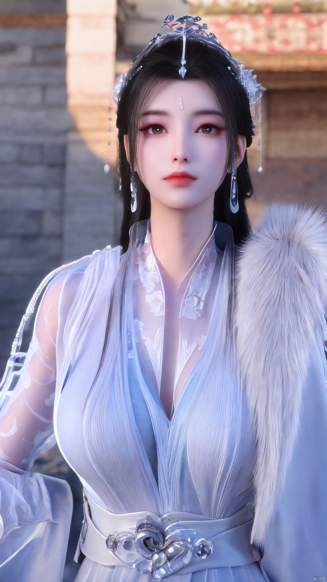 3D,masterpiece,(best quality),(makeup),official art, extremely detailed cg 8k wallpaper,((crystalstexture skin)), (extremely delicate and beautiful),(highly detailed),(1girl), (solo), (jewelry), (earrings),(black_hair),(long_hair),(hair_ornament),(handwear),(breasts),(upper_body),(multicolored_clothes),(multicolored_dress),(collar),(fur),(hanfu),(white_dress),(tiara),(earrings),(crown),(chinese_clothes),(adapted_costume),,((closed_mouth)),(bracelet),(sunshine, indoor,bed),((looking_at_viewer)),((Facing the camera)),,Xyueyao,(big breasts:1.69),