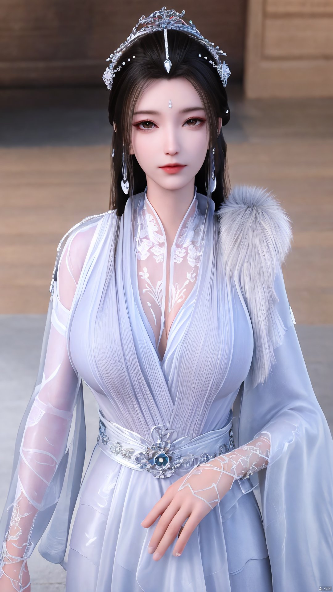 3D,masterpiece,(best quality),(makeup),official art, extremely detailed cg 8k wallpaper,((crystalstexture skin)), (extremely delicate and beautiful),(highly detailed),(1girl), (solo), (jewelry), (earrings),(black_hair),(long_hair),(hair_ornament),(handwear),(breasts),(upper_body),(multicolored_clothes),(multicolored_dress),(collar),(fur),(hanfu),(white_dress),(tiara),(earrings),(crown),(chinese_clothes),(adapted_costume),,((closed_mouth)),(bracelet),(sunshine, indoor,bed),((looking_at_viewer)),((Facing the camera)),,Xyueyao,(big breasts:1.69),