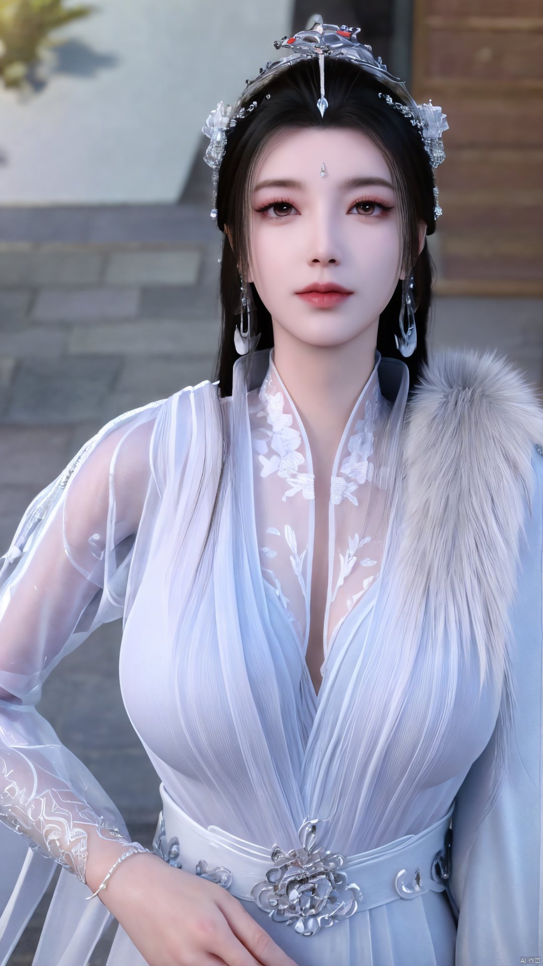 3D,masterpiece,(best quality),(makeup),official art, extremely detailed cg 8k wallpaper,((crystalstexture skin)), (extremely delicate and beautiful),(highly detailed),(1girl), (solo), (jewelry), (earrings),(black_hair),(long_hair),(hair_ornament),(handwear),(breasts),(upper_body),(multicolored_clothes),(multicolored_dress),(collar),(fur),(hanfu),(white_dress),(tiara),(earrings),(crown),(chinese_clothes),(adapted_costume),,((closed_mouth)),(bracelet),(sunshine, indoor,bed),((looking_at_viewer)),((Facing the camera)),,Xyueyao,(big breasts:1.69),