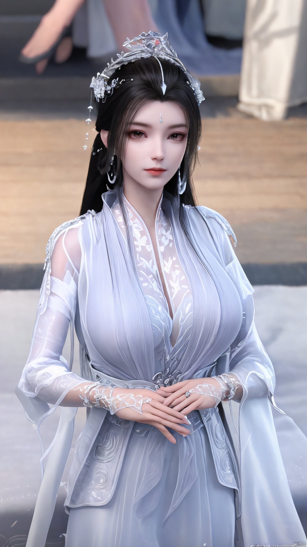 3D,masterpiece,(best quality),(makeup),official art, extremely detailed cg 8k wallpaper,((crystalstexture skin)), (extremely delicate and beautiful),(highly detailed),(1girl), (solo), (jewelry), (earrings),(black_hair),(long_hair),(hair_ornament),(handwear),(breasts),(upper_body),(multicolored_clothes),(multicolored_dress),(collar),(fur),(hanfu),(white_dress),(tiara),(earrings),(crown),(chinese_clothes),(adapted_costume),,((closed_mouth)),(bracelet),(sunshine, indoor,bed),((looking_at_viewer)),((Facing the camera)),,Xyueyao,(big breasts:1.69),