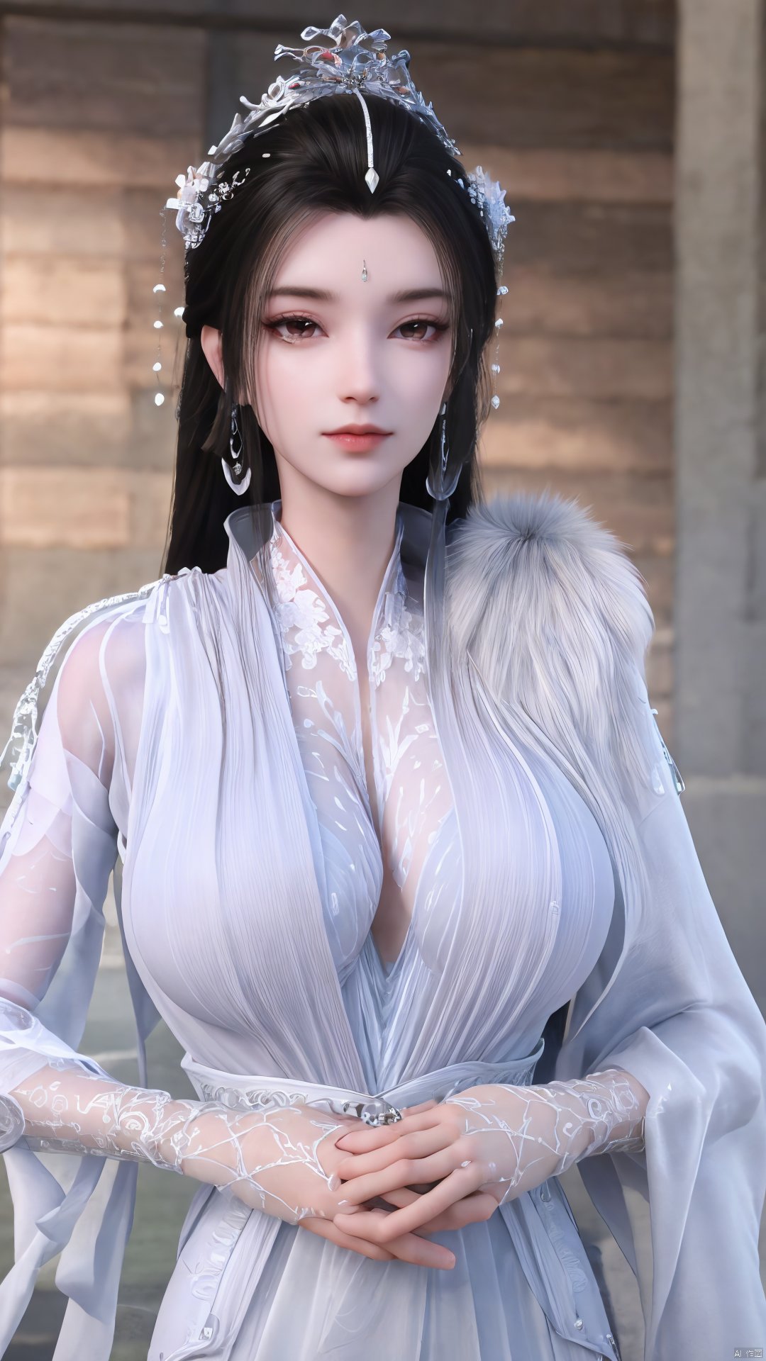 3D,masterpiece,(best quality),(makeup),official art, extremely detailed cg 8k wallpaper,((crystalstexture skin)), (extremely delicate and beautiful),(highly detailed),(1girl), (solo), (jewelry), (earrings),(black_hair),(long_hair),(hair_ornament),(handwear),(breasts),(upper_body),(multicolored_clothes),(multicolored_dress),(collar),(fur),(hanfu),(white_dress),(tiara),(earrings),(crown),(chinese_clothes),(adapted_costume),,((closed_mouth)),(bracelet),(sunshine, indoor,bed),((looking_at_viewer)),((Facing the camera)),,Xyueyao,(big breasts:1.69),