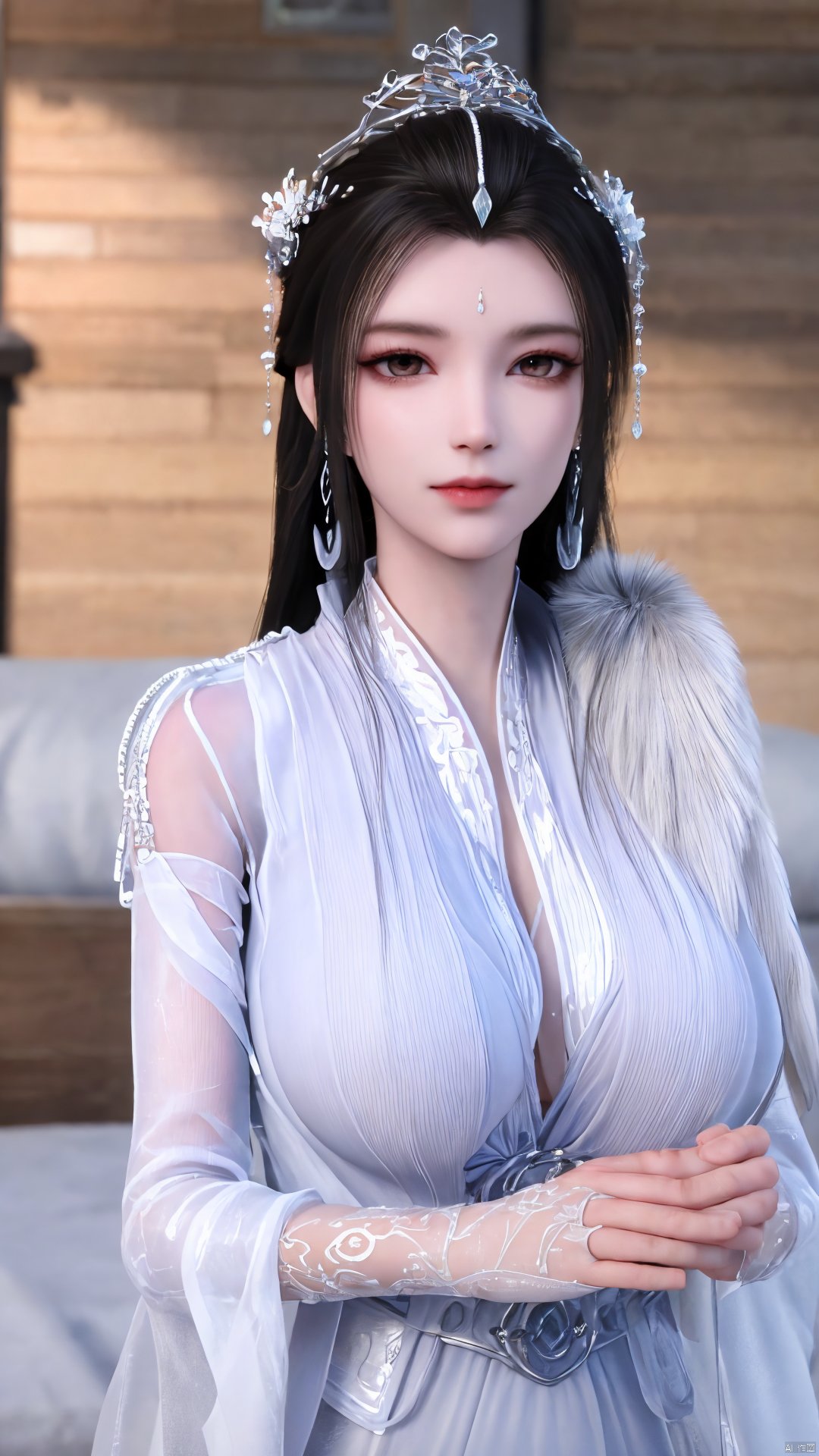 3D,masterpiece,(best quality),(makeup),official art, extremely detailed cg 8k wallpaper,((crystalstexture skin)), (extremely delicate and beautiful),(highly detailed),(1girl), (solo), (jewelry), (earrings),(black_hair),(long_hair),(hair_ornament),(handwear),(breasts),(upper_body),(multicolored_clothes),(multicolored_dress),(collar),(fur),(hanfu),(white_dress),(tiara),(earrings),(crown),(chinese_clothes),(adapted_costume),,((closed_mouth)),(bracelet),(sunshine, indoor,bed),((looking_at_viewer)),((Facing the camera)),,Xyueyao,(big breasts:1.69),