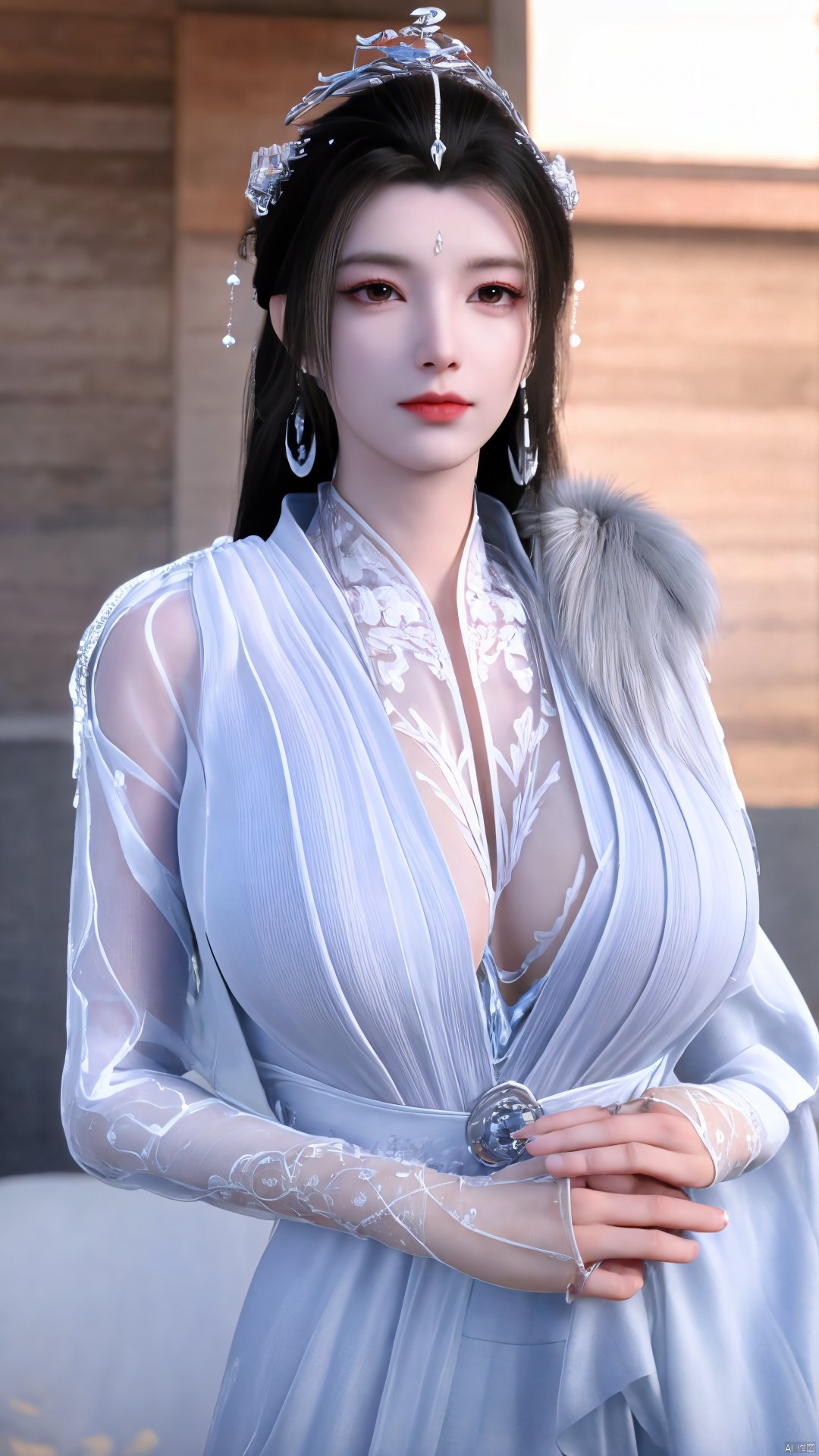 3D,masterpiece,(best quality),(makeup),official art, extremely detailed cg 8k wallpaper,((crystalstexture skin)), (extremely delicate and beautiful),(highly detailed),(1girl), (solo), (jewelry), (earrings),(black_hair),(long_hair),(hair_ornament),(handwear),(breasts),(upper_body),(multicolored_clothes),(multicolored_dress),(collar),(fur),(hanfu),(white_dress),(tiara),(earrings),(crown),(chinese_clothes),(adapted_costume),,((closed_mouth)),(bracelet),(sunshine, indoor,bed),((looking_at_viewer)),((Facing the camera)),,Xyueyao,(big breasts:1.69),