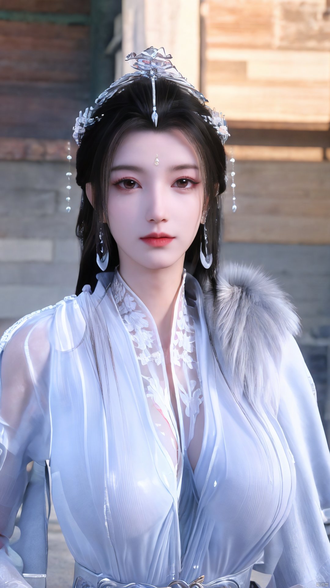 3D,masterpiece,(best quality),(makeup),official art, extremely detailed cg 8k wallpaper,((crystalstexture skin)), (extremely delicate and beautiful),(highly detailed),(1girl), (solo), (jewelry), (earrings),(black_hair),(long_hair),(hair_ornament),(handwear),(breasts),(upper_body),(multicolored_clothes),(multicolored_dress),(collar),(fur),(hanfu),(white_dress),(tiara),(earrings),(crown),(chinese_clothes),(adapted_costume),,((closed_mouth)),(bracelet),(sunshine, indoor,bed),((looking_at_viewer)),((Facing the camera)),,Xyueyao,(big breasts:1.69),