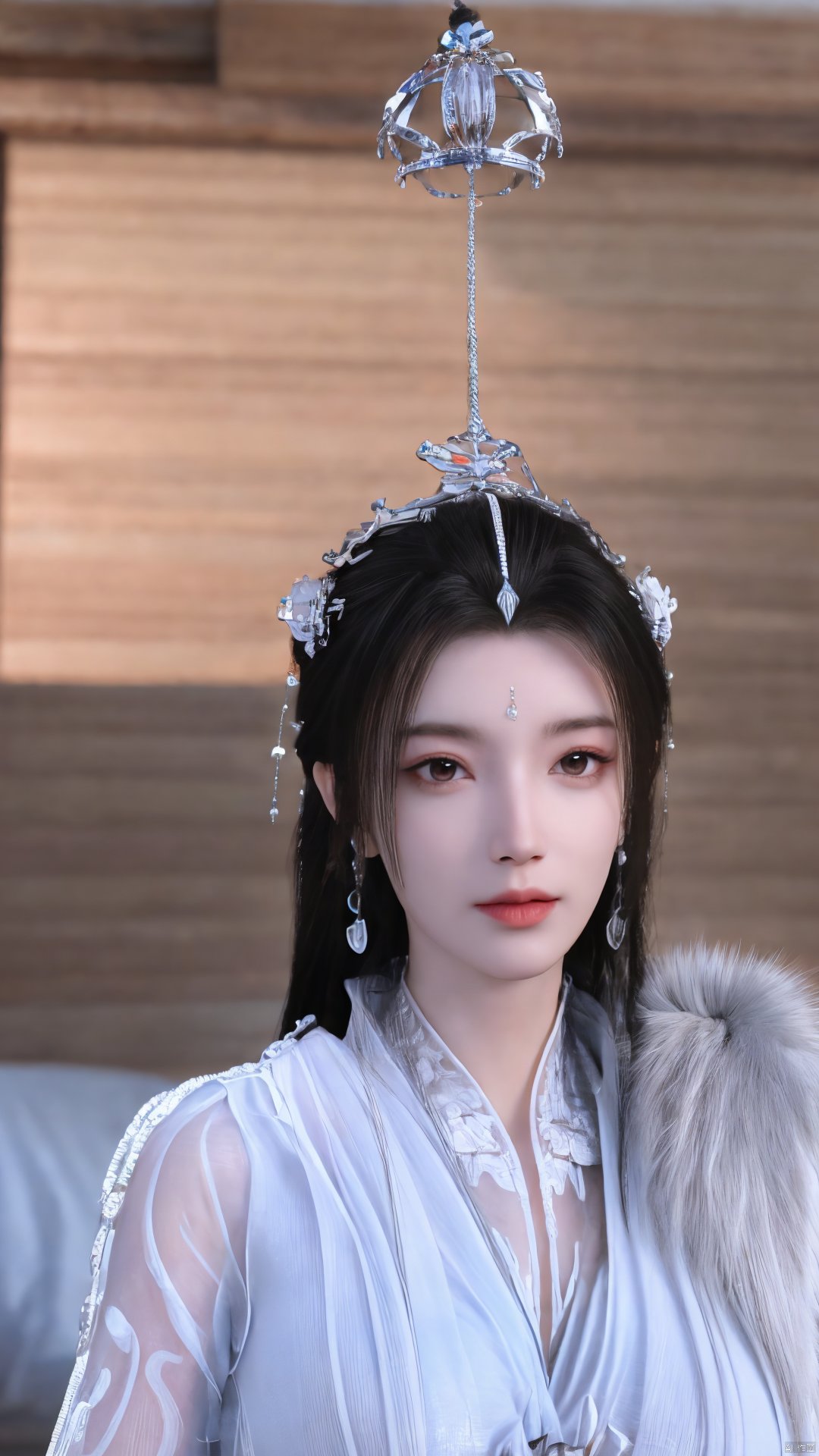 3D,masterpiece,(best quality),(makeup),official art, extremely detailed cg 8k wallpaper,((crystalstexture skin)), (extremely delicate and beautiful),(highly detailed),(1girl), (solo), (jewelry), (earrings),(black_hair),(long_hair),(hair_ornament),(handwear),(breasts),(upper_body),(multicolored_clothes),(multicolored_dress),(collar),(fur),(hanfu),(white_dress),(tiara),(earrings),(crown),(chinese_clothes),(adapted_costume),,((closed_mouth)),(bracelet),(sunshine, indoor,bed),((looking_at_viewer)),((Facing the camera)),,Xyueyao,(big breasts:1.69),