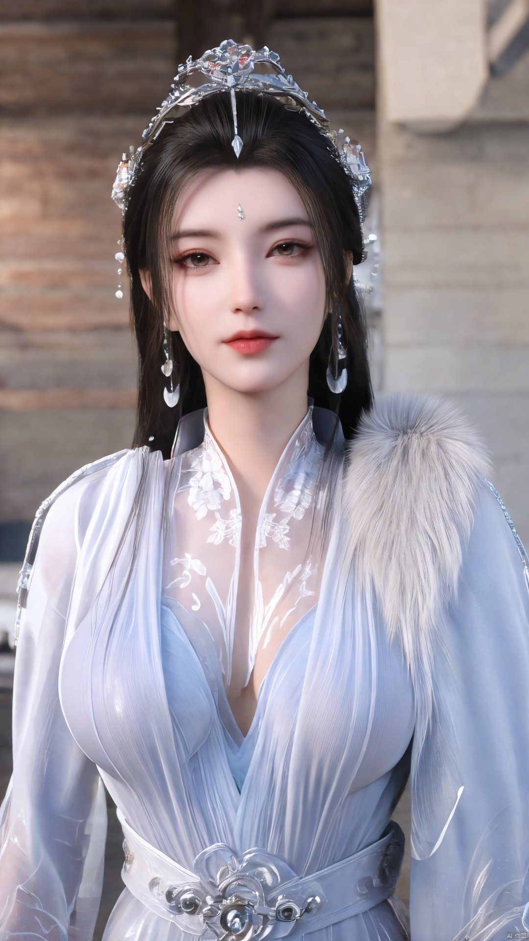 3D,masterpiece,(best quality),(makeup),official art, extremely detailed cg 8k wallpaper,((crystalstexture skin)), (extremely delicate and beautiful),(highly detailed),(1girl), (solo), (jewelry), (earrings),(black_hair),(long_hair),(hair_ornament),(handwear),(breasts),(upper_body),(multicolored_clothes),(multicolored_dress),(collar),(fur),(hanfu),(white_dress),(tiara),(earrings),(crown),(chinese_clothes),(adapted_costume),,((closed_mouth)),(bracelet),(sunshine, indoor,bed),((looking_at_viewer)),((Facing the camera)),,Xyueyao,(big breasts:1.69),