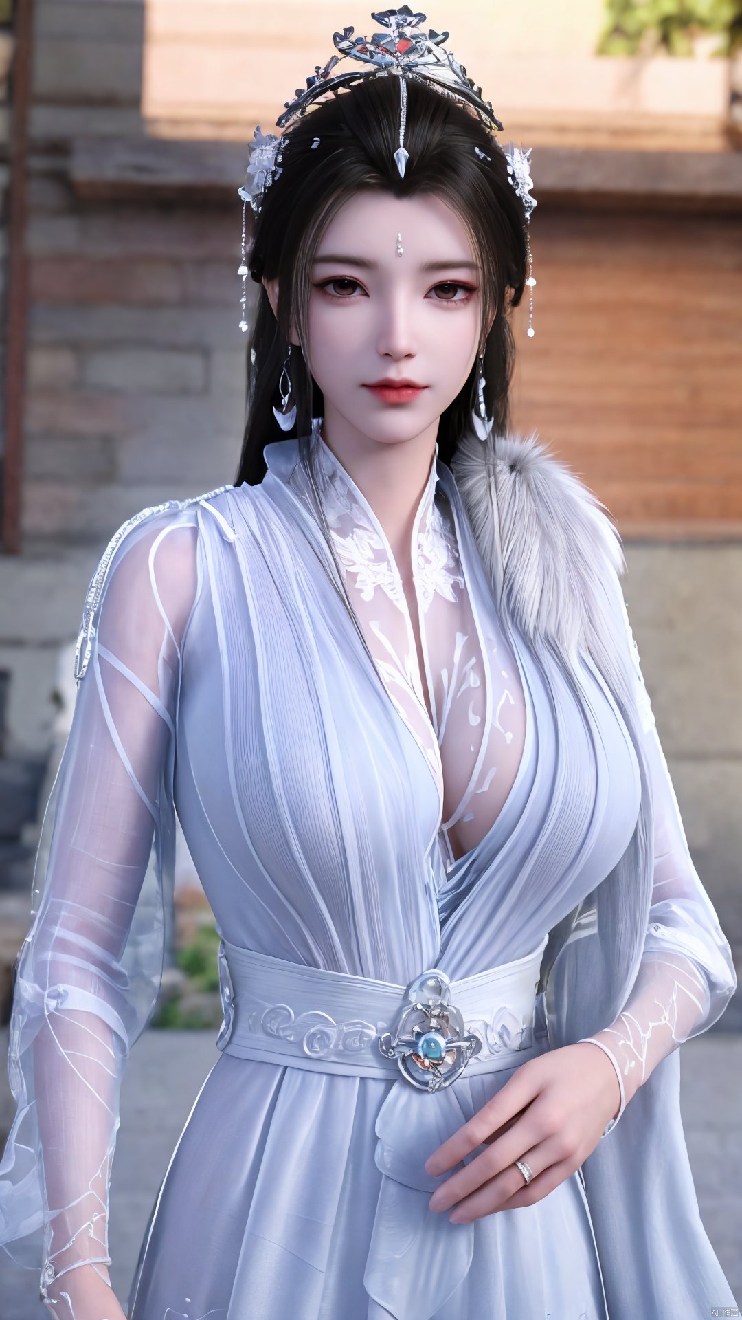 3D,masterpiece,(best quality),(makeup),official art, extremely detailed cg 8k wallpaper,((crystalstexture skin)), (extremely delicate and beautiful),(highly detailed),(1girl), (solo), (jewelry), (earrings),(black_hair),(long_hair),(hair_ornament),(handwear),(breasts),(upper_body),(multicolored_clothes),(multicolored_dress),(collar),(fur),(hanfu),(white_dress),(tiara),(earrings),(crown),(chinese_clothes),(adapted_costume),,((closed_mouth)),(bracelet),(sunshine, indoor,bed),((looking_at_viewer)),((Facing the camera)),,Xyueyao,(big breasts:1.69),