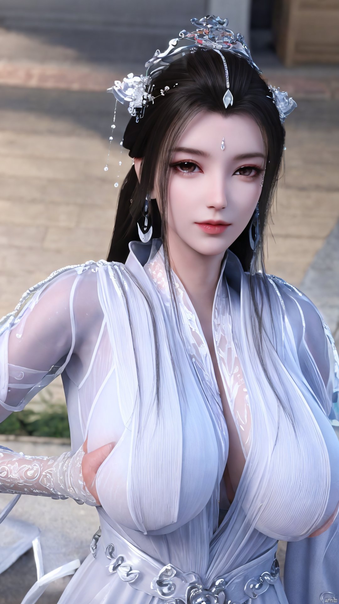 3D,masterpiece,(best quality),(makeup),official art, extremely detailed cg 8k wallpaper,((crystalstexture skin)), (extremely delicate and beautiful),(highly detailed),(1girl), (solo), (jewelry), (earrings),(black_hair),(long_hair),(hair_ornament),(handwear),(breasts),(upper_body),(multicolored_clothes),(multicolored_dress),(collar),(fur),(hanfu),(white_dress),(tiara),(earrings),(crown),(chinese_clothes),(adapted_costume),,((closed_mouth)),(bracelet),(sunshine, indoor,bed),((looking_at_viewer)),((Facing the camera)),,Xyueyao,(big breasts:1.69),