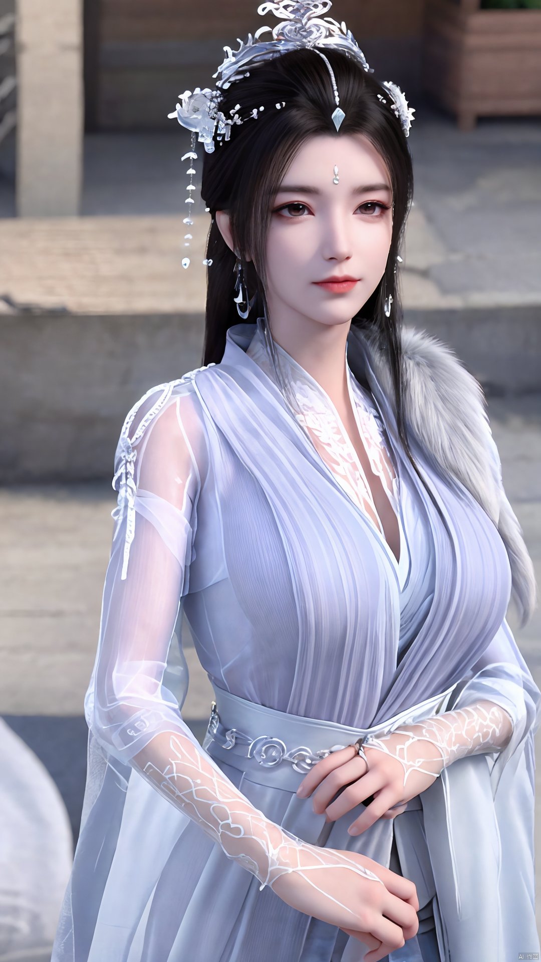 3D,masterpiece,(best quality),(makeup),official art, extremely detailed cg 8k wallpaper,((crystalstexture skin)), (extremely delicate and beautiful),(highly detailed),(1girl), (solo), (jewelry), (earrings),(black_hair),(long_hair),(hair_ornament),(handwear),(breasts),(upper_body),(multicolored_clothes),(multicolored_dress),(collar),(fur),(hanfu),(white_dress),(tiara),(earrings),(crown),(chinese_clothes),(adapted_costume),,((closed_mouth)),(bracelet),(sunshine, indoor,bed),((looking_at_viewer)),((Facing the camera)),,Xyueyao,(big breasts:1.59),