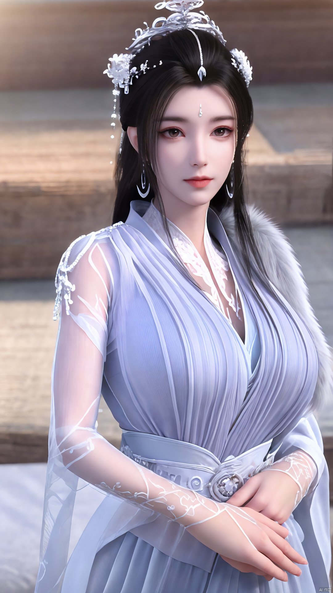 3D,masterpiece,(best quality),(makeup),official art, extremely detailed cg 8k wallpaper,((crystalstexture skin)), (extremely delicate and beautiful),(highly detailed),(1girl), (solo), (jewelry), (earrings),(black_hair),(long_hair),(hair_ornament),(handwear),(breasts),(upper_body),(multicolored_clothes),(multicolored_dress),(collar),(fur),(hanfu),(white_dress),(tiara),(earrings),(crown),(chinese_clothes),(adapted_costume),,((closed_mouth)),(bracelet),(sunshine, indoor,bed),((looking_at_viewer)),((Facing the camera)),,Xyueyao,(big breasts:1.59),