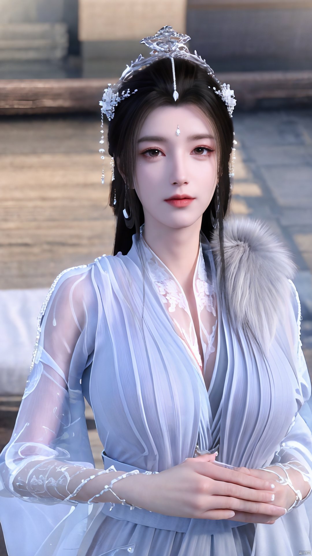 3D,masterpiece,(best quality),(makeup),official art, extremely detailed cg 8k wallpaper,((crystalstexture skin)), (extremely delicate and beautiful),(highly detailed),(1girl), (solo), (jewelry), (earrings),(black_hair),(long_hair),(hair_ornament),(handwear),(breasts),(upper_body),(multicolored_clothes),(multicolored_dress),(collar),(fur),(hanfu),(white_dress),(tiara),(earrings),(crown),(chinese_clothes),(adapted_costume),,((closed_mouth)),(bracelet),(sunshine, indoor,bed),((looking_at_viewer)),((Facing the camera)),,Xyueyao,(big breasts:1.59),