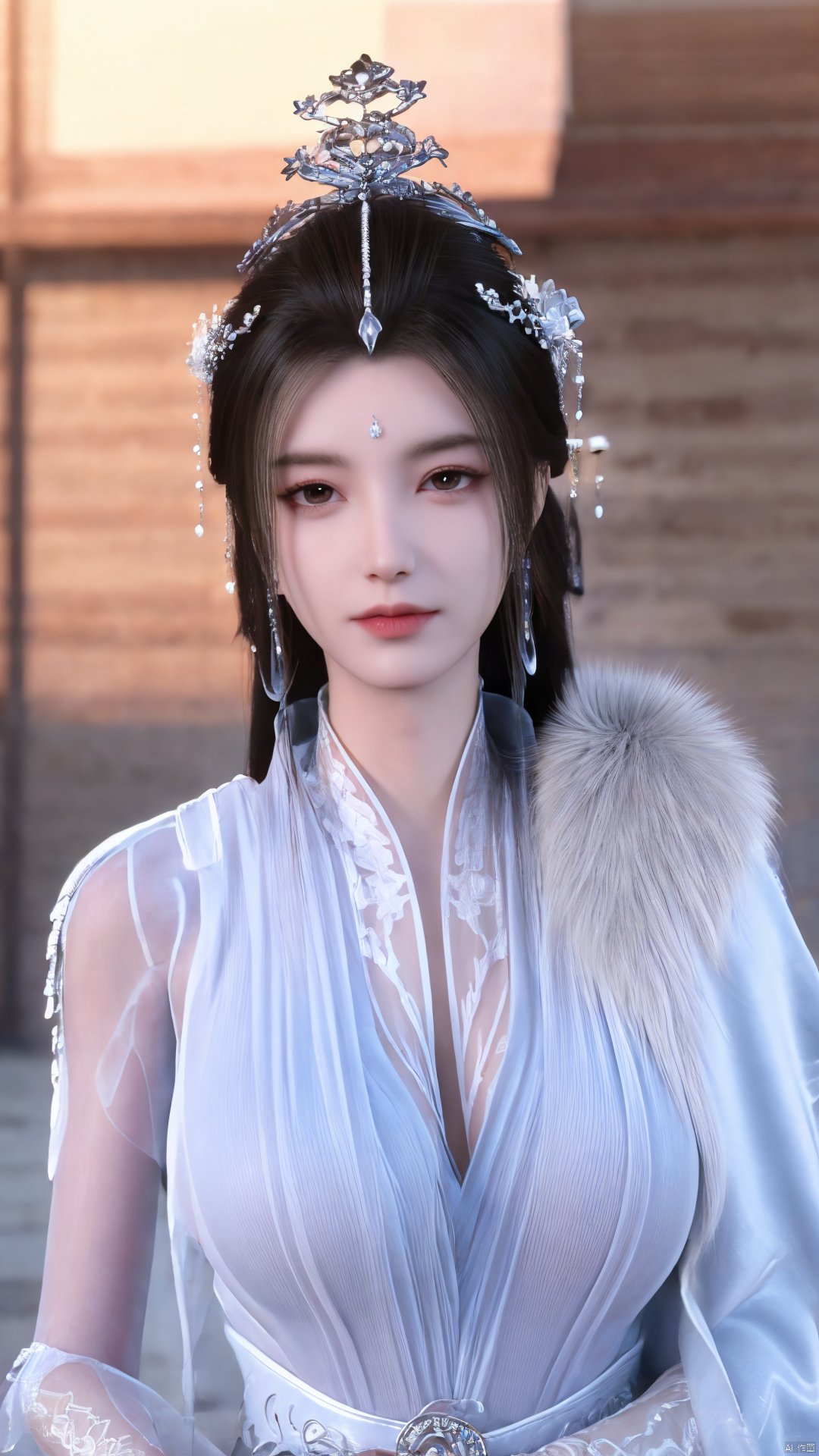 3D,masterpiece,(best quality),(makeup),official art, extremely detailed cg 8k wallpaper,((crystalstexture skin)), (extremely delicate and beautiful),(highly detailed),(1girl), (solo), (jewelry), (earrings),(black_hair),(long_hair),(hair_ornament),(handwear),(breasts),(upper_body),(multicolored_clothes),(multicolored_dress),(collar),(fur),(hanfu),(white_dress),(tiara),(earrings),(crown),(chinese_clothes),(adapted_costume),,((closed_mouth)),(bracelet),(sunshine, indoor,bed),((looking_at_viewer)),((Facing the camera)),,Xyueyao,(big breasts:1.69),