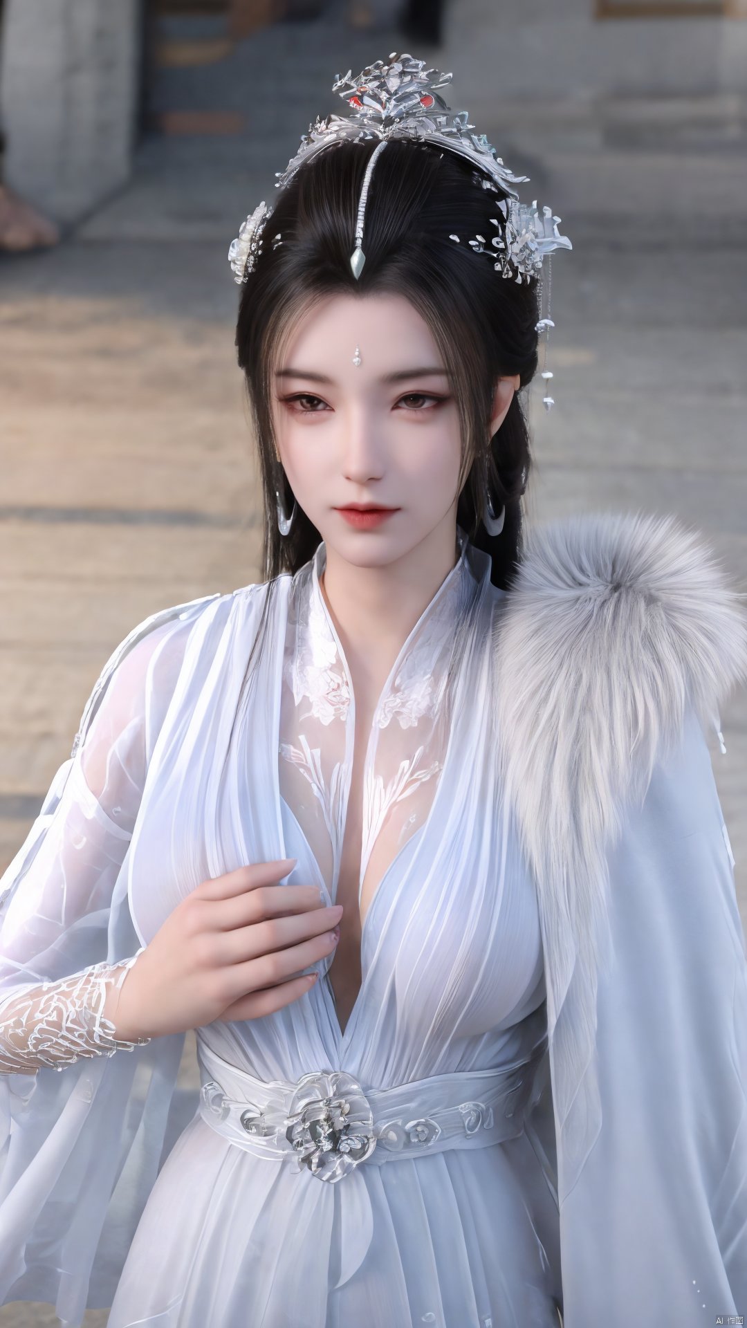 3D,masterpiece,(best quality),(makeup),official art, extremely detailed cg 8k wallpaper,((crystalstexture skin)), (extremely delicate and beautiful),(highly detailed),(1girl), (solo), (jewelry), (earrings),(black_hair),(long_hair),(hair_ornament),(handwear),(breasts),(upper_body),(multicolored_clothes),(multicolored_dress),(collar),(fur),(hanfu),(white_dress),(tiara),(earrings),(crown),(chinese_clothes),(adapted_costume),,((closed_mouth)),(bracelet),(sunshine, indoor,bed),((looking_at_viewer)),((Facing the camera)),,Xyueyao,(big breasts:1.69),