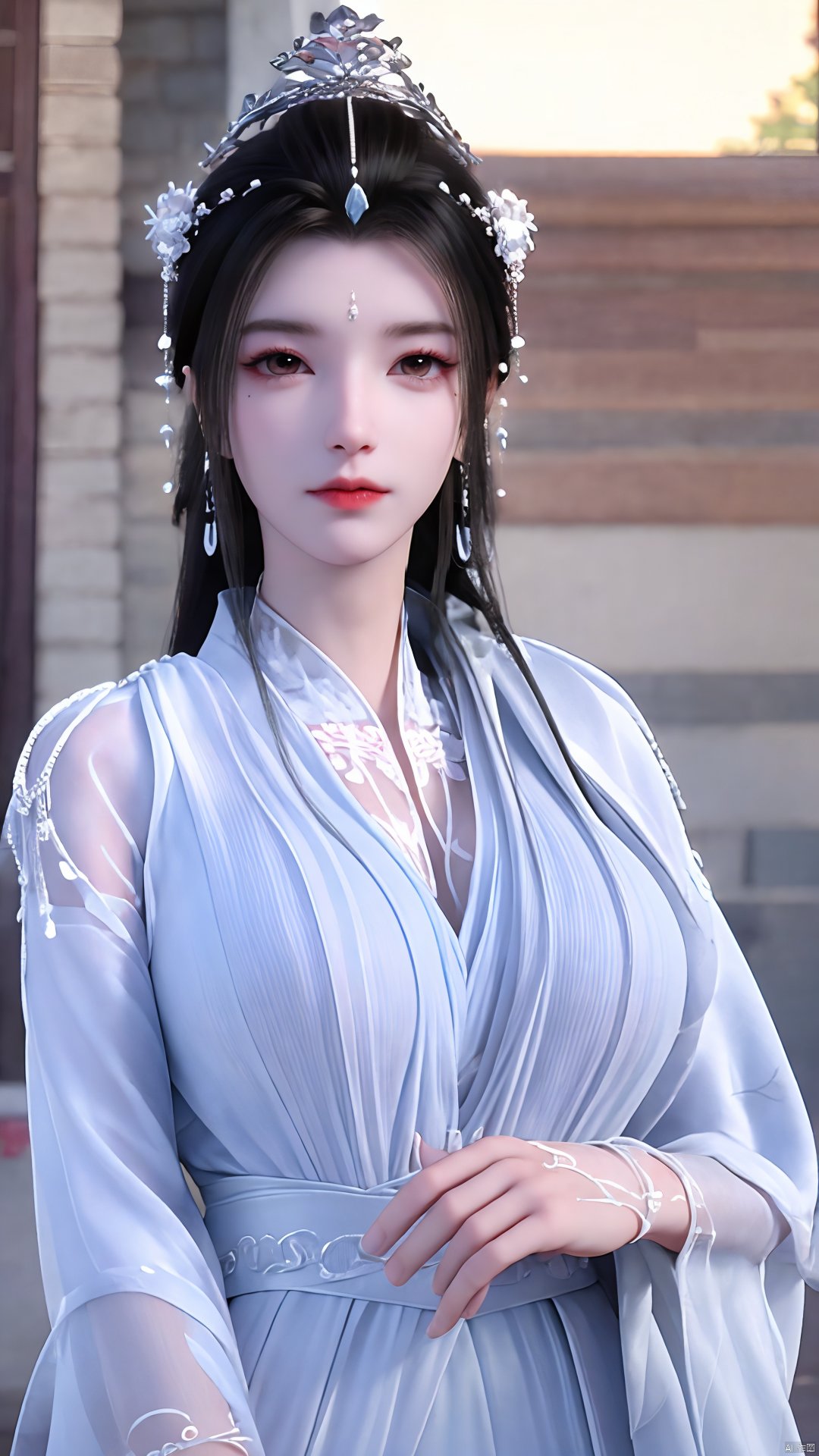 3D,masterpiece,(best quality),(makeup),official art, extremely detailed cg 8k wallpaper,((crystalstexture skin)), (extremely delicate and beautiful),(highly detailed),(1girl), (solo), (jewelry), (earrings),(black_hair),(long_hair),(hair_ornament),(handwear),(breasts),(upper_body),(multicolored_clothes),(multicolored_dress),(collar),(fur),(hanfu),(white_dress),(tiara),(earrings),(crown),(chinese_clothes),(adapted_costume),,((closed_mouth)),(bracelet),(sunshine, indoor,bed),((looking_at_viewer)),((Facing the camera)),,Xyueyao,(big breasts:1.59),