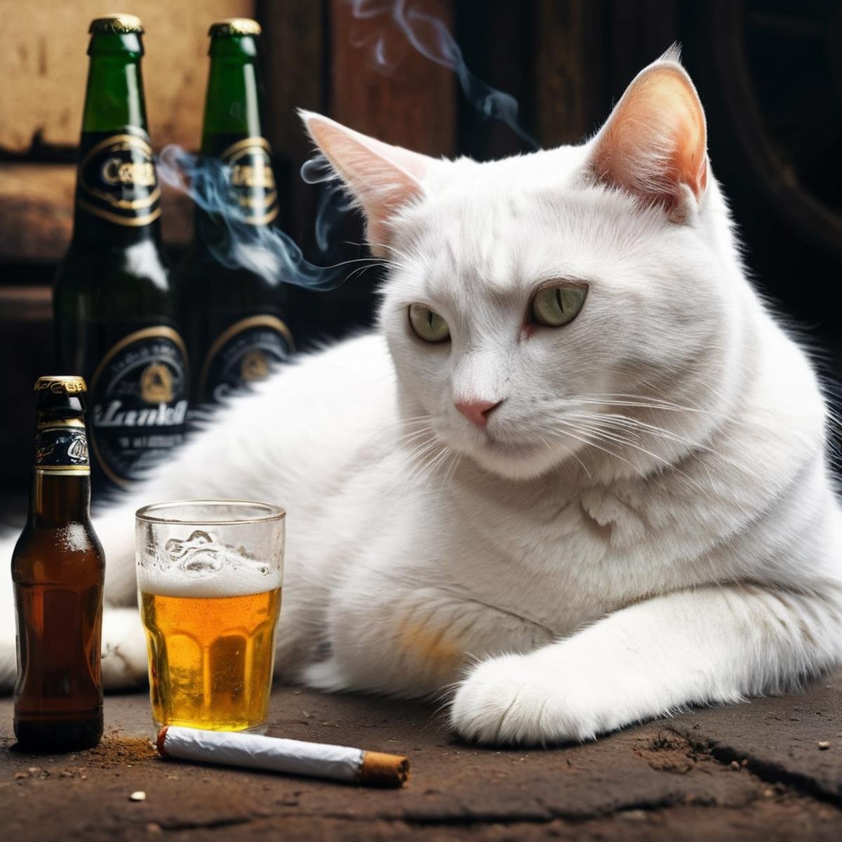 concept art of  <lora:Dark Art Painting Style:1>a white cat laying on the ground next to a bottle of beer and a cigarette in it's mouth dark art painting style, digital artwork, illustrative, painterly, matte painting, highly detailed