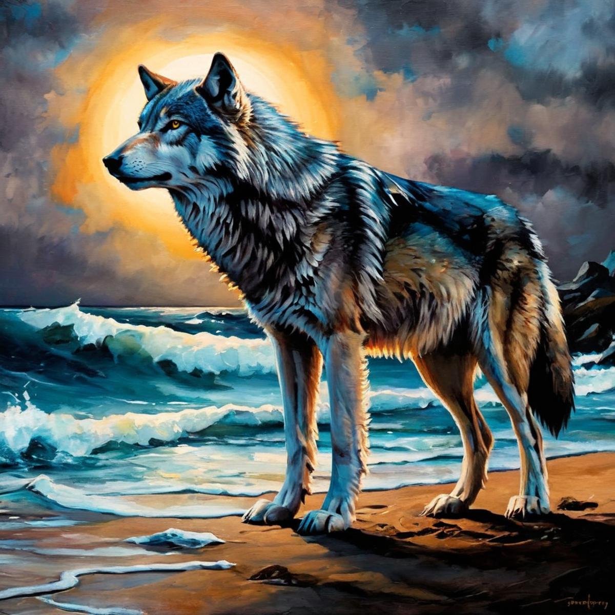 Dark Fantasy Art of  <lora:Dark Art Painting Style:1>a painting of a wolf standing on a beach dark art painting style, dark, moody, dark fantasy style