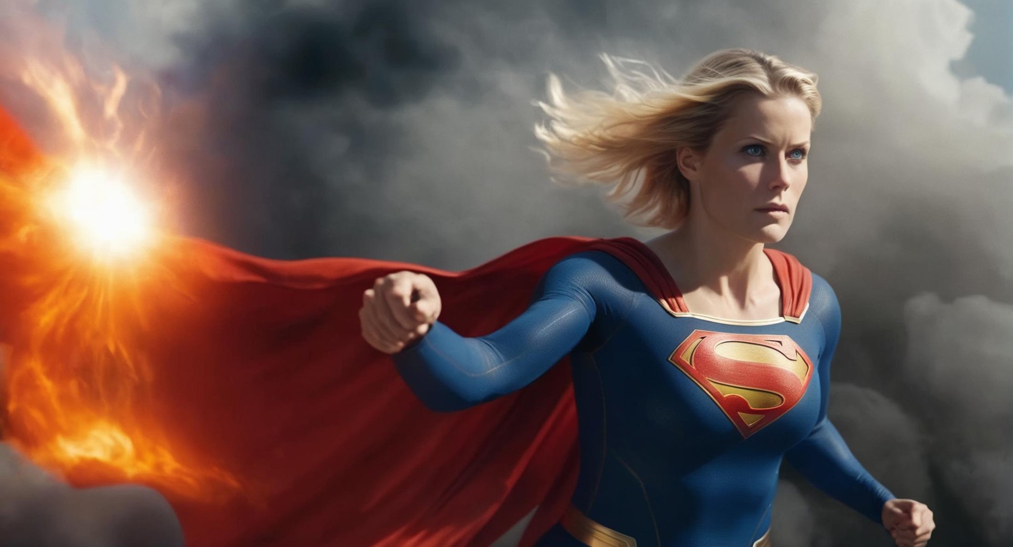 concept art of  Cinematic Film stock footage in (arri alexa style) Kodak film print,  <lora:Superman:1> Superman a woman dressed as a supergirl with a heat vision fiery beams of intensified heat coming out from both eyes, digital artwork, illustrative, painterly, matte painting, highly detailed