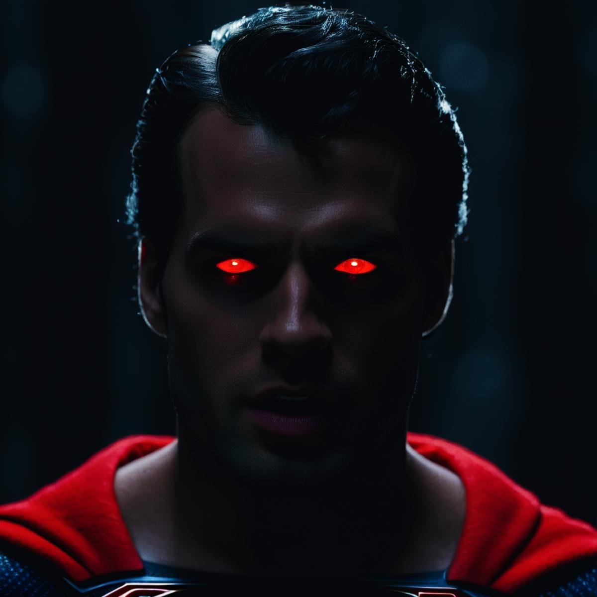 cinematic film still of  <lora:Superman v2:1>Kal-El, Kryptonian, Man of Steel, Superman a man with red eyes and a red cape,solo,open mouth,black hair,red eyes,1boy,male focus,dark skin,blurry,glowing,dark-skinned male,glowing eyes,photo background, shallow depth of field, vignette, highly detailed, high budget, bokeh, cinemascope, moody, epic, gorgeous, film grain, grainy