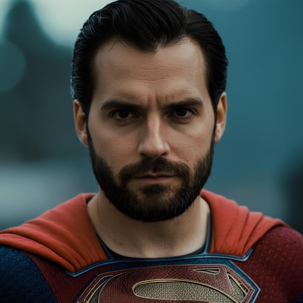 cinematic film still of  <lora:Superman v2:1>Kal-El, Kryptonian, Man of Steel, Superman a man with a beard and a superman shirt,solo,looking at viewer,shirt,black hair,1boy,male focus,facial hair,beard,realistic,mustache,manly, shallow depth of field, vignette, highly detailed, high budget, bokeh, cinemascope, moody, epic, gorgeous, film grain, grainy