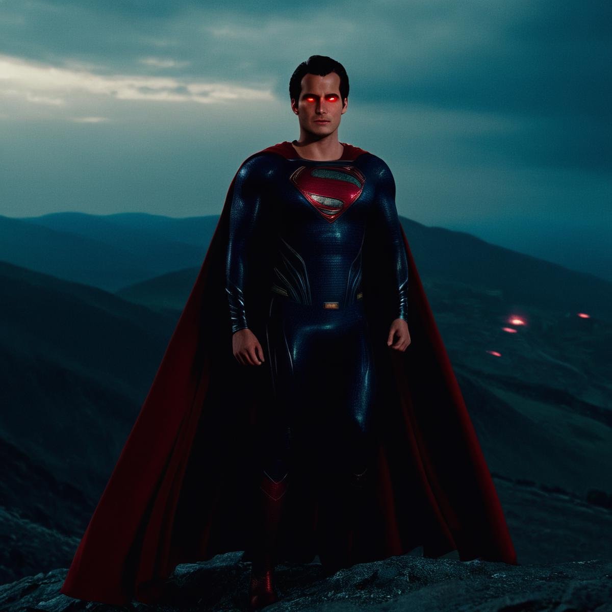 cinematic film still of  <lora:Superman v2:1>Kal-El, Kryptonian, Man of Steel, Superman a man in a red cape standing on a hill,solo,red eyes,1boy,standing,male focus,cape,mask,muscular,glowing,glowing eyes,red theme,superhero, shallow depth of field, vignette, highly detailed, high budget, bokeh, cinemascope, moody, epic, gorgeous, film grain, grainy