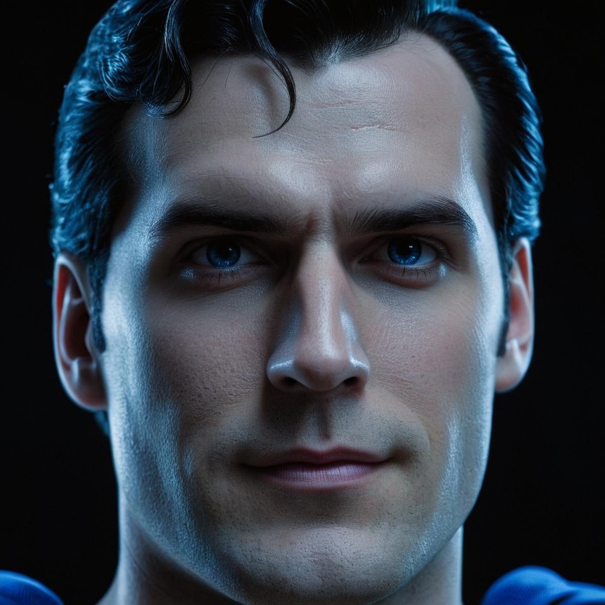 cinematic film still of  <lora:Superman v2:1>Kal-El, Kryptonian, Man of Steel, Superman a close up of a superman statue on a black background,solo,looking at viewer,smile,blue eyes,simple background,black hair,1boy,closed mouth,male focus,black background,portrait,realistic, shallow depth of field, vignette, highly detailed, high budget, bokeh, cinemascope, moody, epic, gorgeous, film grain, grainy