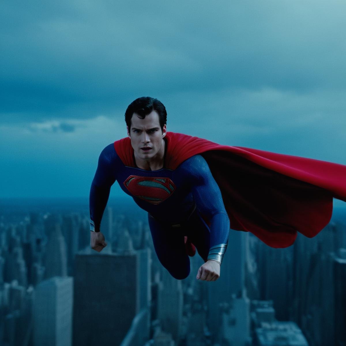 cinematic film still of  <lora:Superman v2:1>Kal-El, Kryptonian, Man of Steel, Superman a superman flying through the air with his cape extended,solo,looking at viewer,blue eyes,black hair,1boy,closed mouth,male focus,outdoors,sky,day,cloud,cape,bodysuit,muscular,ground vehicle,clenched hand,foreshortening,motor vehicle,red cape,car,punching,superhero,blue bodysuit, shallow depth of field, vignette, highly detailed, high budget, bokeh, cinemascope, moody, epic, gorgeous, film grain, grainy