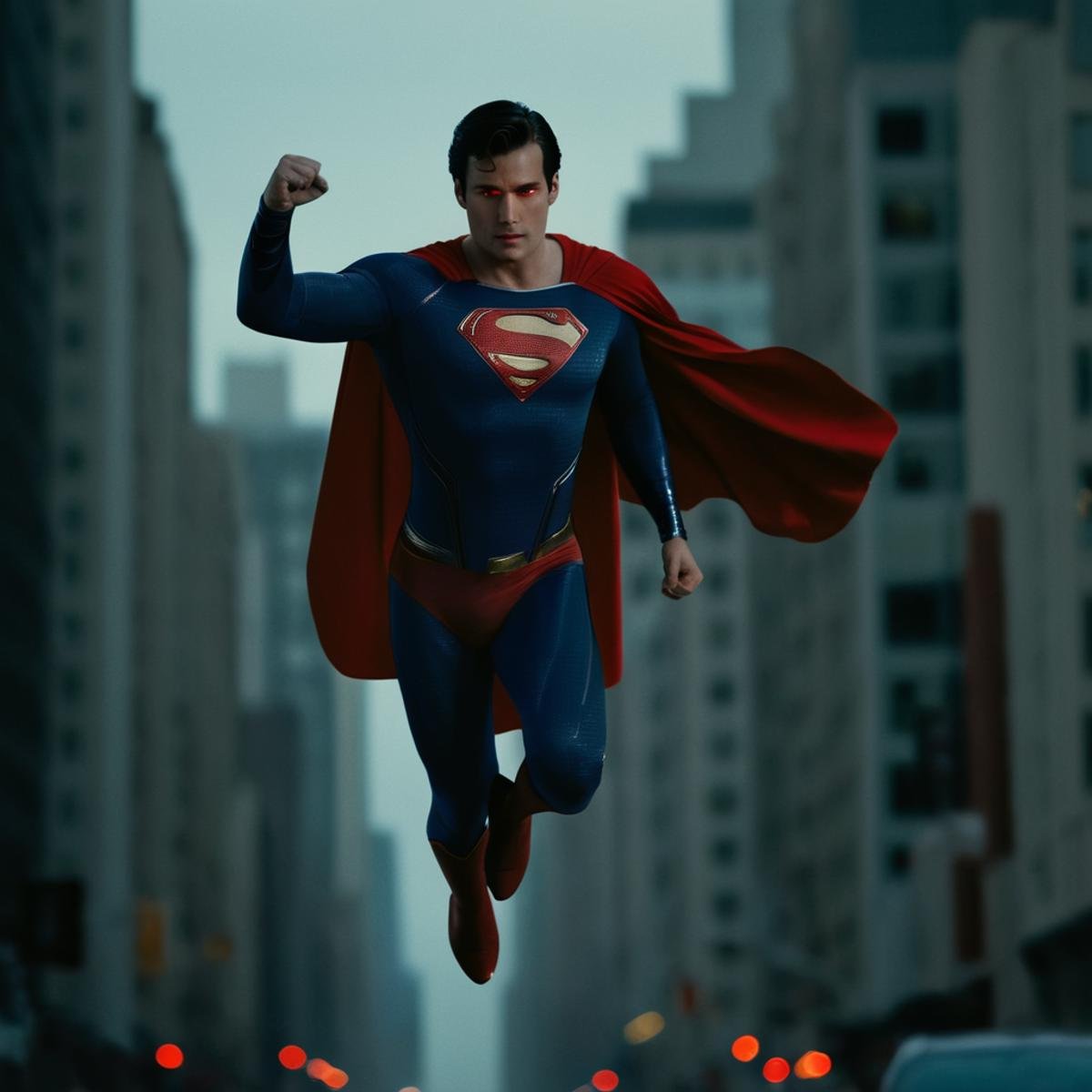 cinematic film still of  <lora:Superman v2:1>Superman a man flying through the air in a superman costume to the viewers ,solo,black hair,1boy,brown eyes,male focus,cape,city,realistic,red cape,punching,superhero, shallow depth of field, vignette, highly detailed, high budget, bokeh, cinemascope, moody, epic, gorgeous, film grain, grainy