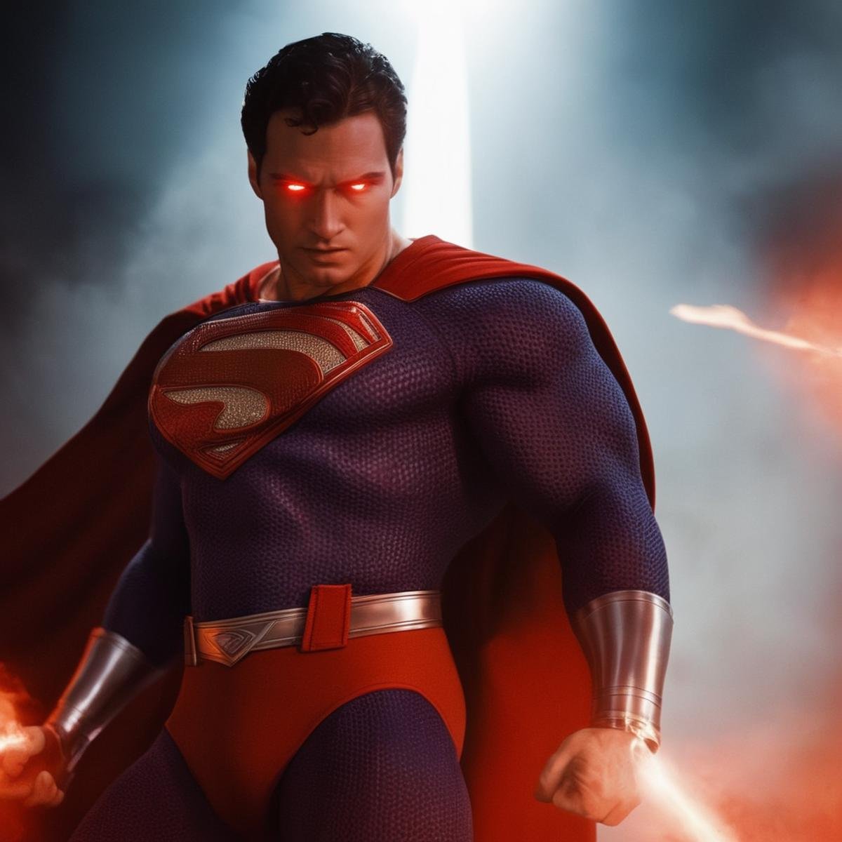 cinematic film still of  <lora:Superman v3:1>high angle from above, Kal-El, Kryptonian, Man of Steel, Superman a man in a red suit unleashing massive blasts of red "heat vision" through the eyes, in focused beams of heat,,solo,1boy,male focus,muscular,realistic, shallow depth of field, vignette, highly detailed, high budget, bokeh, cinemascope, moody, epic, gorgeous, film grain, grainy